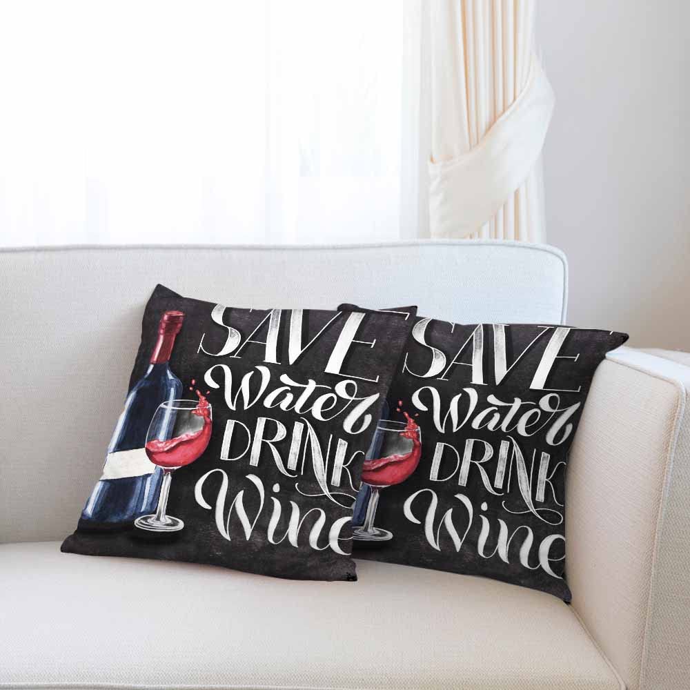 18x18 Inch Decorative Throw Pillow Covers - 2 Pack Soft Chalkboard Design Cushion Covers for Couch, Sofa & Bed | Wine Glass & Water Cup Illustration | Perfect for Living Room, Bedroom & Home Decor