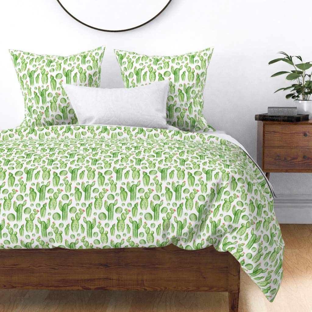 Cactus Garden Watercolor Duvet Cover - Full/Queen Cotton Sateen Bedding Set | Southwestern Boho Desert Nature Print | Perfect for Summer Greenhouse & Succulent Plant Lover's Bedroom Decor