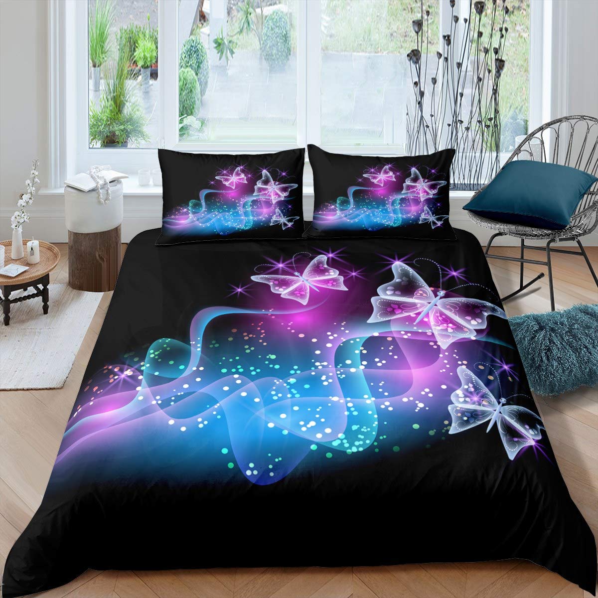 Feelyou Butterfly Duvet Cover Set - Ultra Soft Microfiber Bedding for Kids, Boys & Girls | Twin Size 2-Piece Comforter Cover with Zipper Closure | Colorful Glitter Flying S Pattern | Perfect for Teen Bedrooms, Dorm Decor & Gift Giving