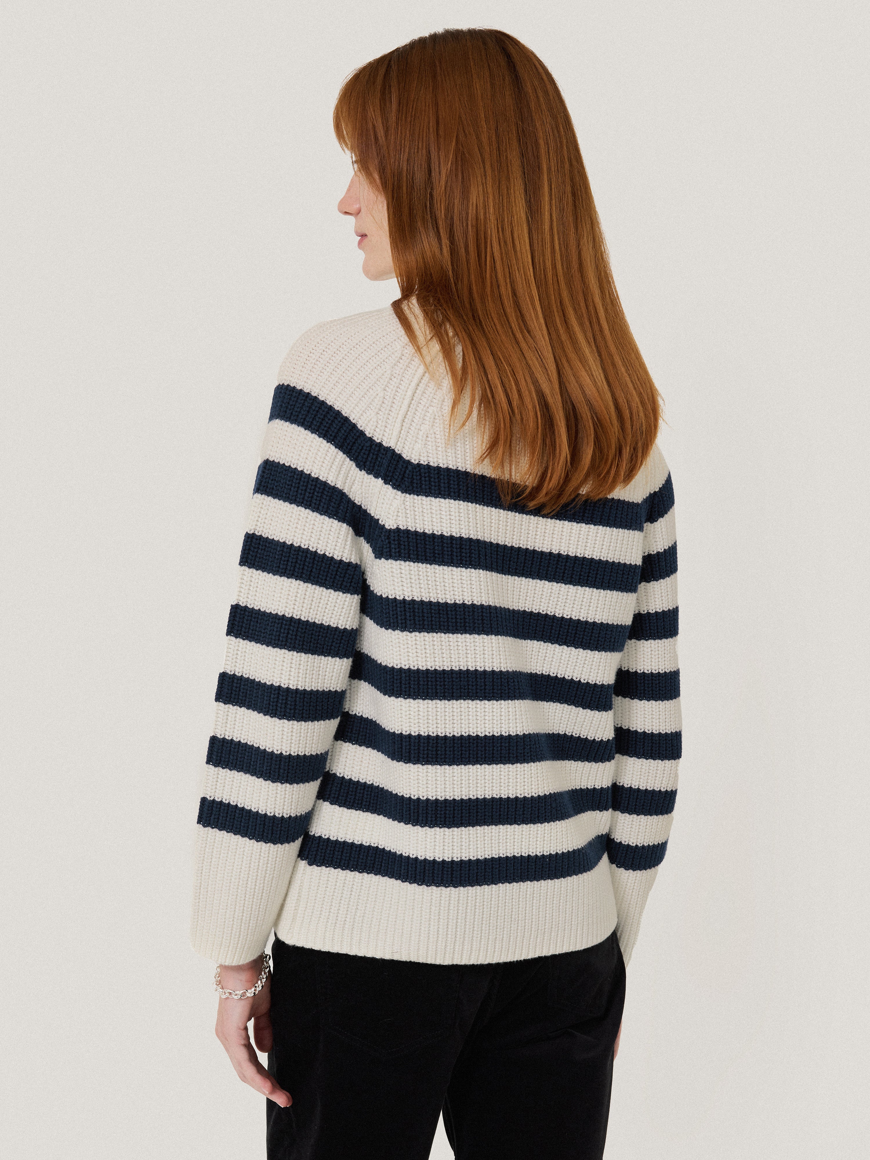 Soft Cotton Blend Stripe Jumper Sweater for Women - Navy Blue Crewneck Pullover | Perfect for Casual Outfits & Fall Layering