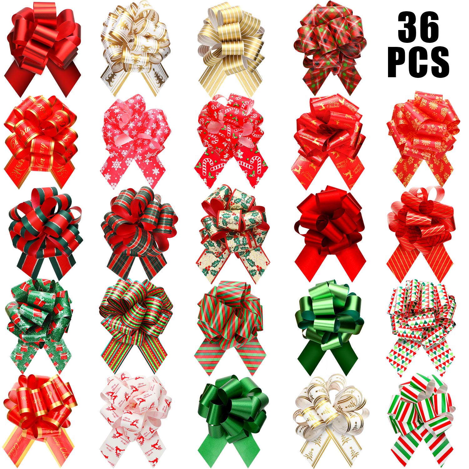 36 Pcs Christmas Gift Wrapping Bows - 5 Inch Wide Pull Bows for Presents, Baskets & Holiday Decorations - 24 Festive Styles - Perfect for Xmas Gifts, Tree Decor & Party Decorations