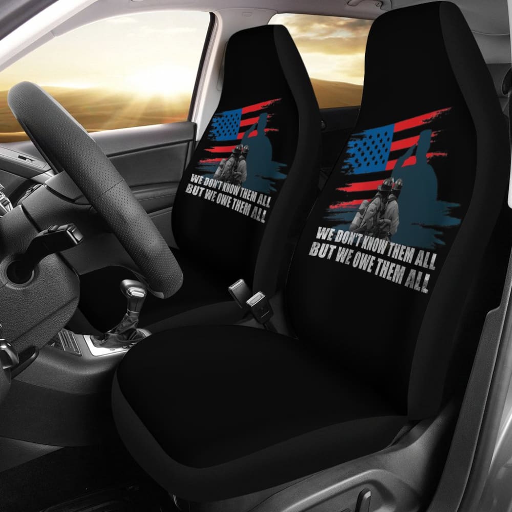 Patriotic Firefighter American Flag Car Seat Covers - 'We Don't Know Them All But We Owe Them All' Tribute - Durable Front & Back Seat Protectors for Trucks, SUVs & Cars - Perfect for Firefighter Appreciation, Memorial Day & 4th of July Decor