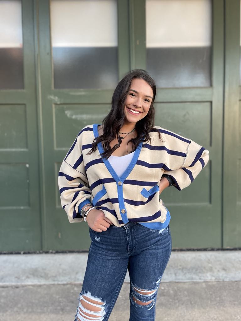 PREORDER: Navy Stripe Contrast Trim Cardigan | Women's Knit Sweater | Perfect for Office Wear & Casual Outfits