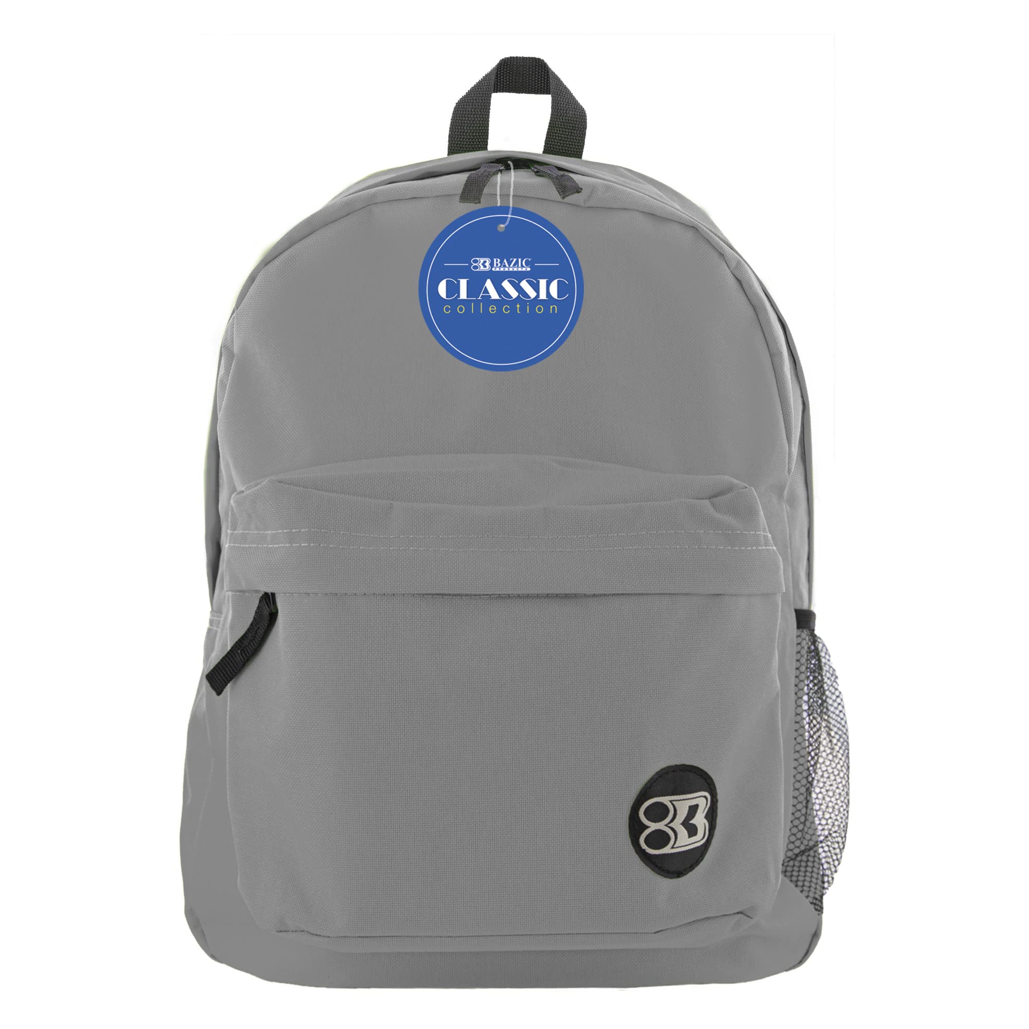 BAZIC 17-Inch Lightweight School Backpack with Padded Back & Adjustable Straps - Gray Student Backpack for High School & College, Travel Daypack Fits A4 Notebooks (12-Pack) - Perfect for Class, Commuting & Weekend Trips