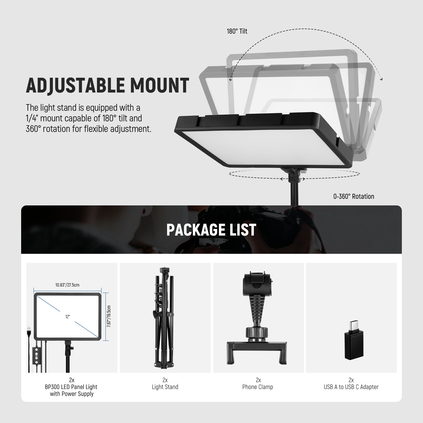 NEEWER BASICS BP300 2 Pack Bi-Color LED Video Light Kit - 3200K-5600K Adjustable, Dimmable Lighting for Photography, YouTube Videos & Studio Streaming