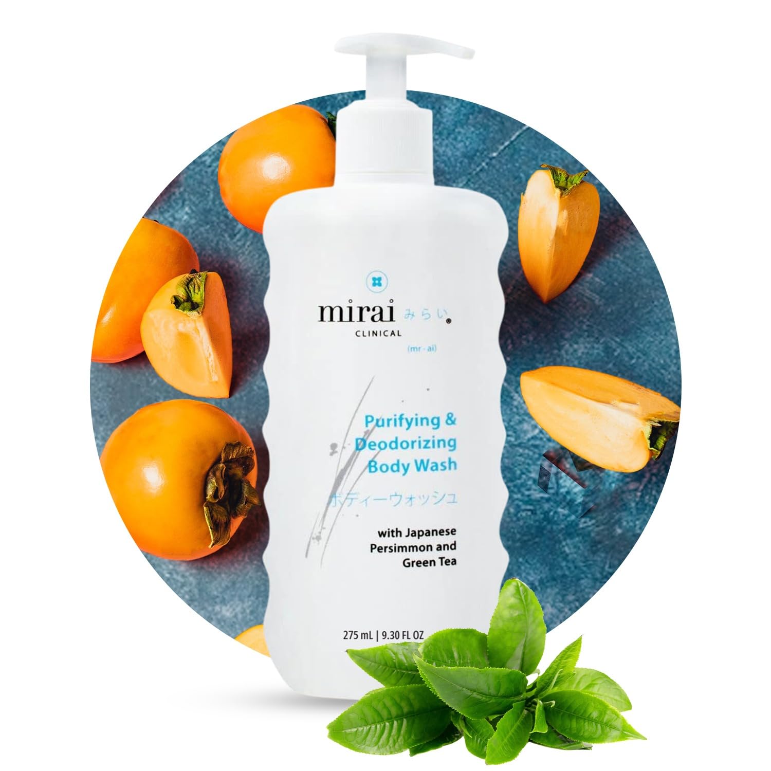 Mirai Clinical Natural Persimmon & Green Tea Body Wash for Strong Odor - Renewing Purifying & Deodorizing Body Wash for Women & Men - Nonenal Odor Eliminator - 9.29 Fl oz - Perfect for Gym, Travel & Daily Shower Use