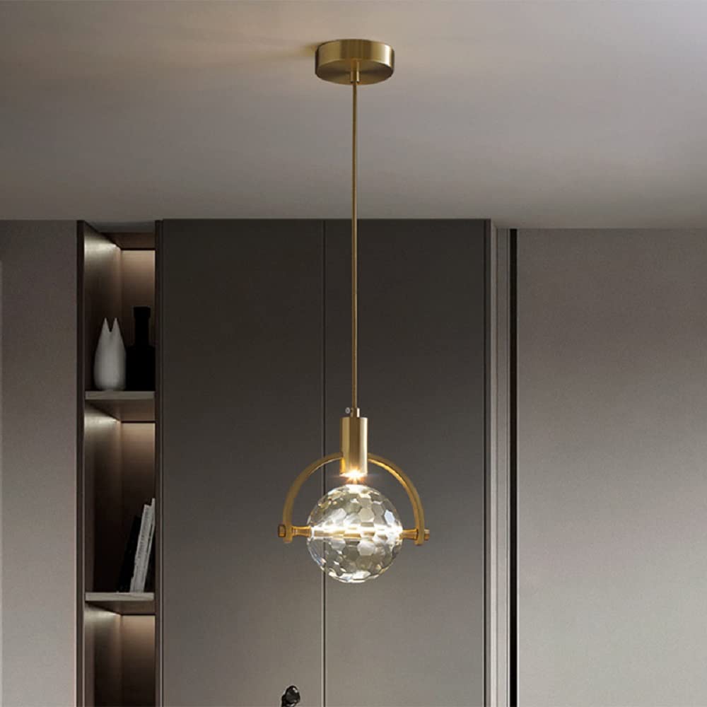 Modern Brass Finish Mini Crystal Pendant Light - 1-Light Ceiling Fixture for Living Room, Bar & Coffee Shop (Dark Gold) | Elegant Dining Room & Kitchen Island Lighting