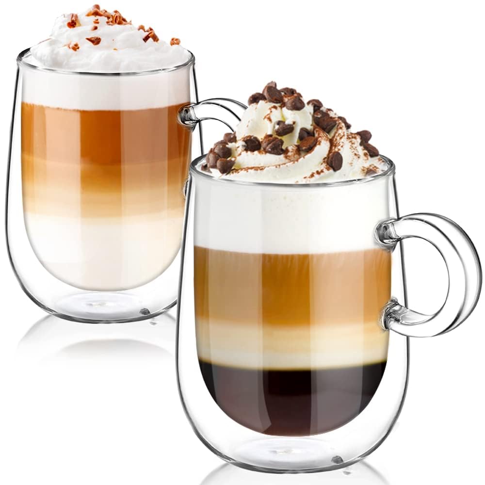 2x350ml Double Wall Insulated Coffee Mugs - Borosilicate Glass Cups with Handle for Hot & Cold Drinks - Heat Resistant for Coffee, Tea, Milk, Juice, Ice Cream - Perfect for Home, Office, Cafe & Gifts