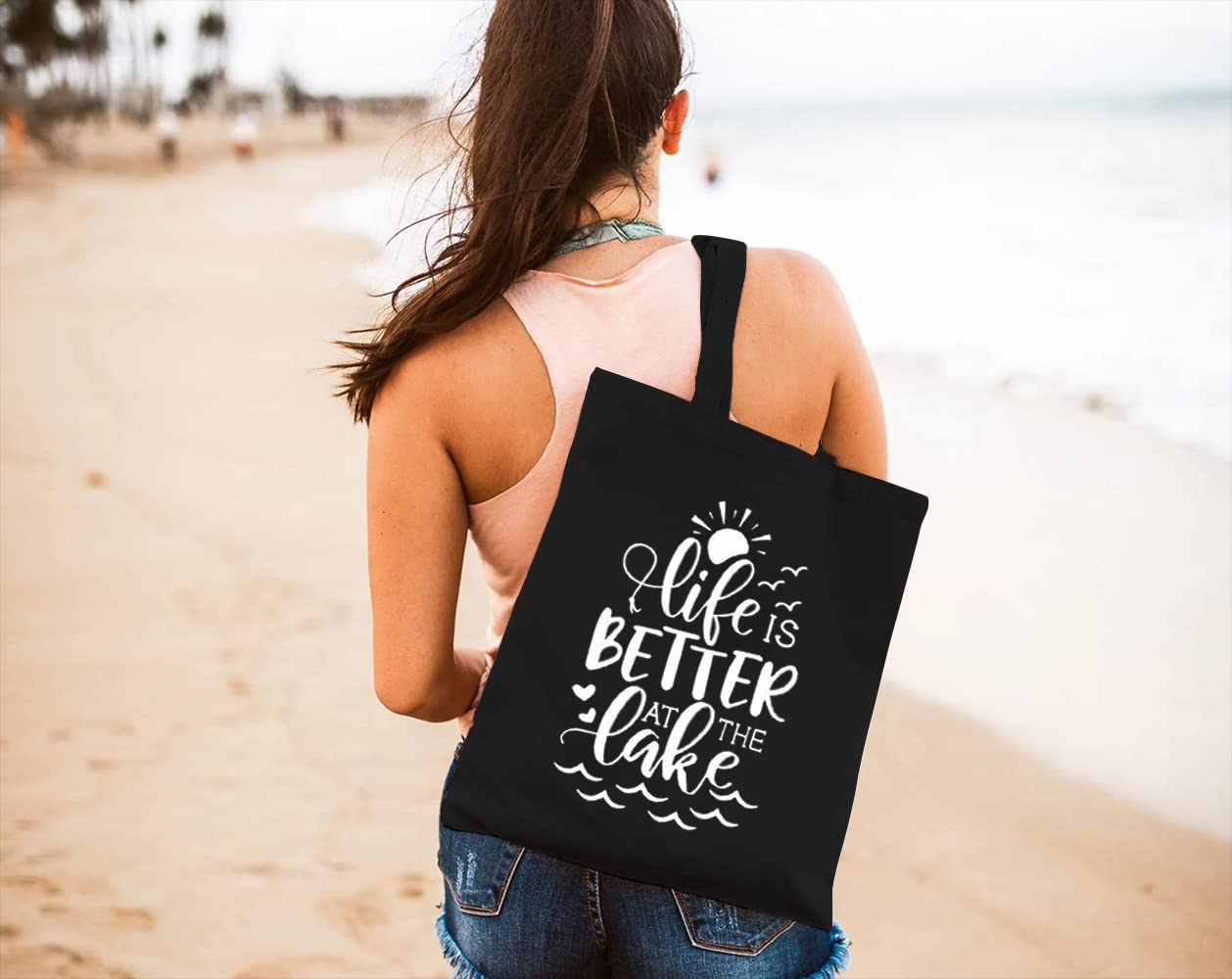 Stylish Reusable Canvas Tote Bag for Women - Eco-Friendly Grocery Shopping Shoulder Bag with 'Life Better at The Lake' Design, Perfect Gift for Girls & Best Friend | Great for Beach Trips, Farmers Market & Daily Errands
