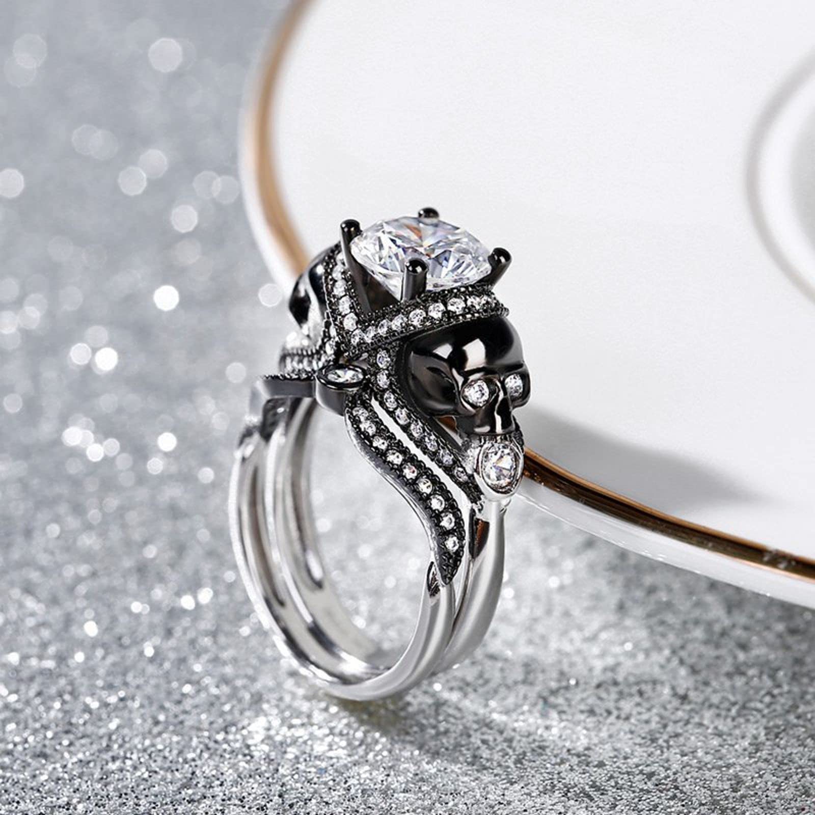 Jeulia 4.97 Carat Twist Skull Ring for Women - Sterling Silver Two Tone Round Cut White Diamond Bridal Set, Black Plated Engagement Promise Ring with Gift Box | Gothic Jewelry, Punk Fashion Accessory, Unique Wedding Band, Anniversary Gift