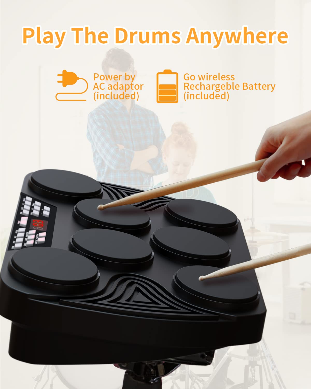 KONIX 7-Pad Electronic Drum Set - Portable Tabletop Digital Drum Kit with Built-in Speakers, Digital Panel & PC Connection - Perfect for Teens & Adult Beginners - Ideal for Home Practice, Studio Recording & Live Performances