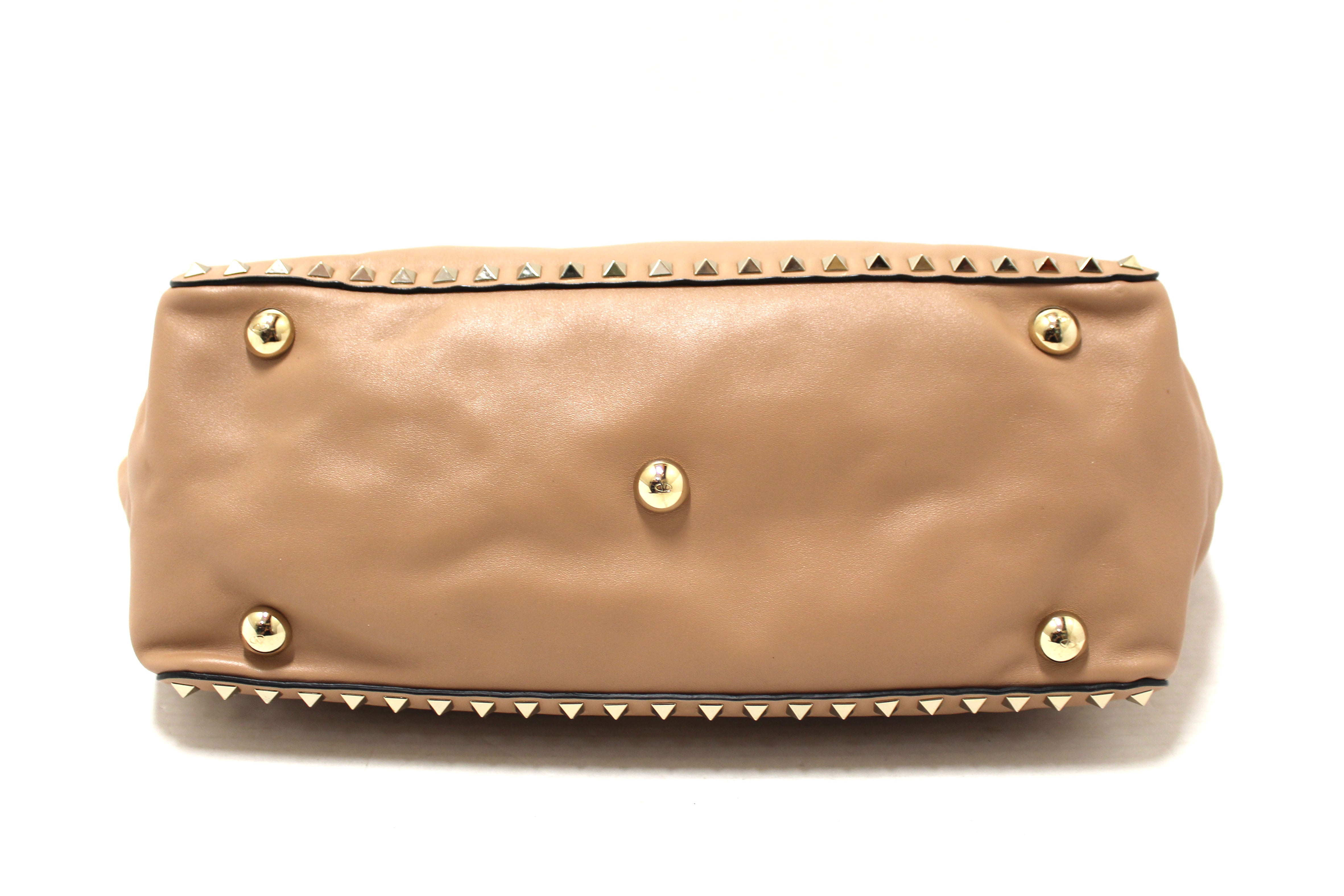 Authentic Valentino Medium Rockstud Beige Nappa Leather Tote Shoulder Bag for Women | Luxury Designer Handbag for Work, Travel & Everyday Use