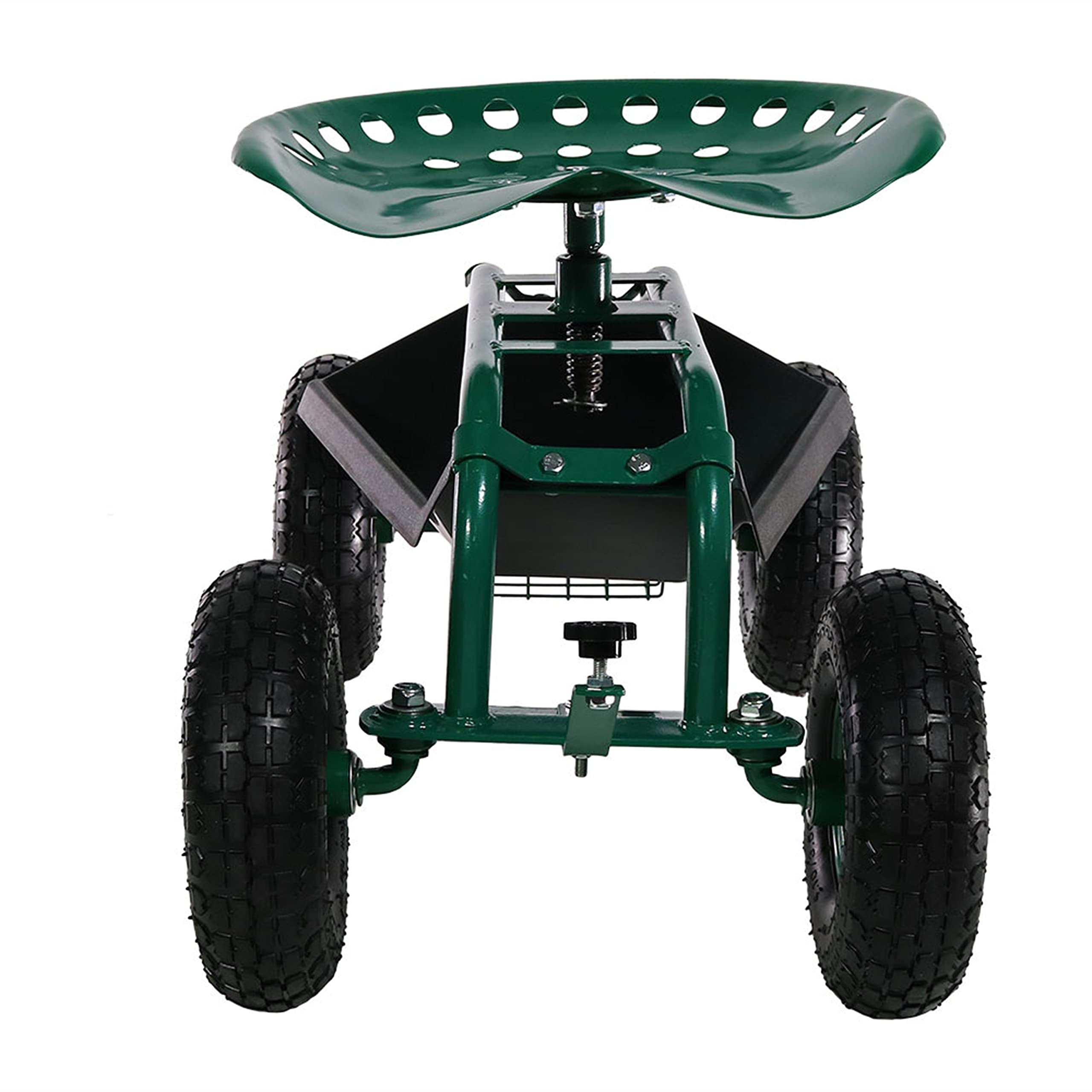 Sunnydaze Rolling Gardening Cart with Adjustable 360-Degree Swivel Seat - Utility Tool Tray & Storage Basket - Green Outdoor Garden Cart for Planting, Weeding & Yard Work