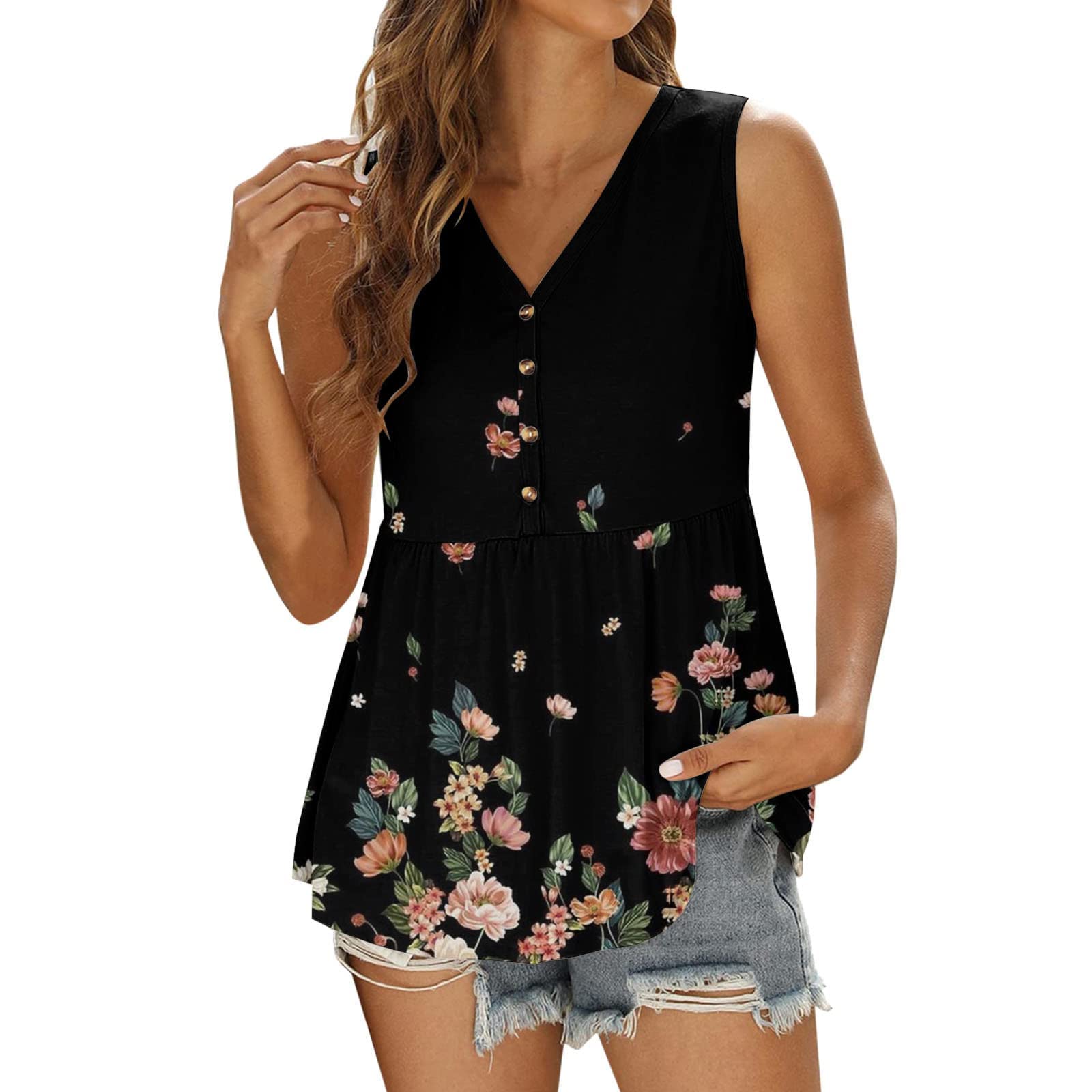 Women's Summer Floral Print V-Neck Sleeveless Button-Up Tank Top - Casual Flowy Tunic Blouse for Beach, Vacation & Everyday Wear