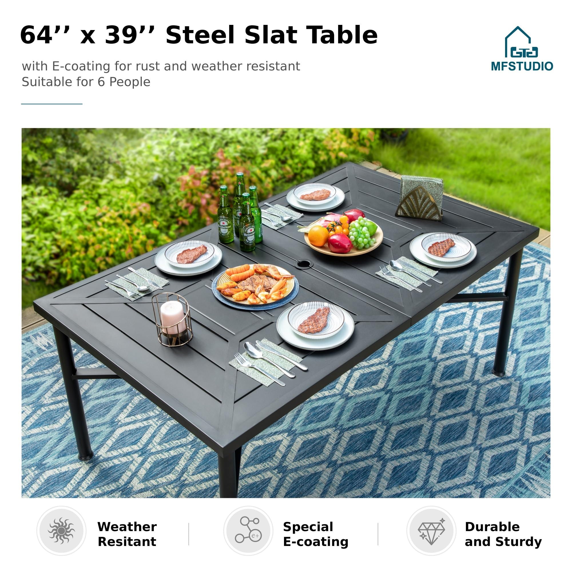 MFSTUDIO 7-Piece Black Metal Outdoor Patio Dining Set with 64