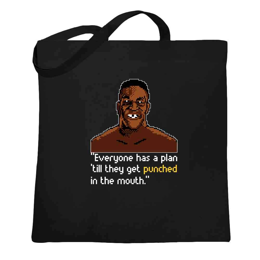 Pop Threads Iron Mike 'Everybody Has A Plan' 8-Bit Quote Black 15x15 Inch Large Canvas Tote Bag - Perfect for Gym, Shopping & Beach Day Essentials