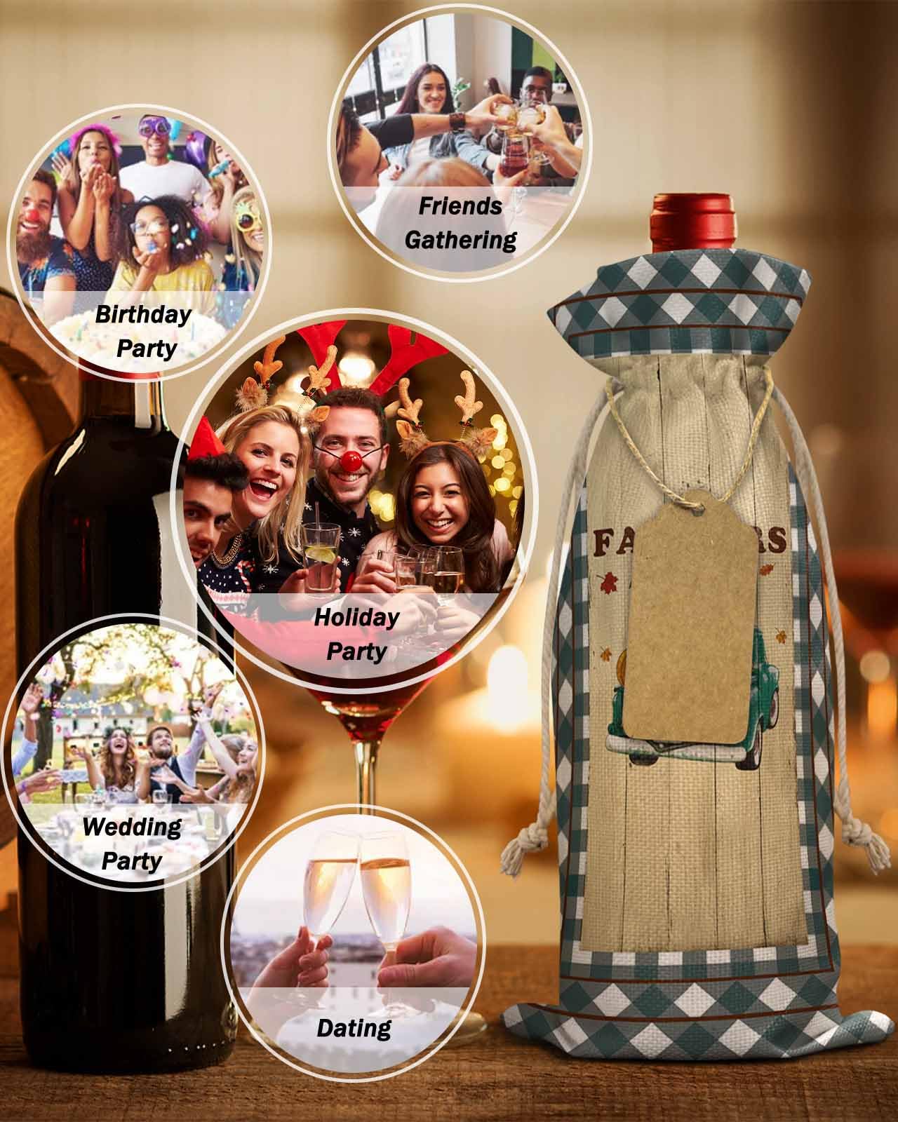 Reusable Wine Bottle Bags with Drawstrings - Fall Harvest Pumpkin Plaid Design for Thanksgiving, Farmers Market & Parties (Set of 1) | Perfect Gift for Birthday Celebrations & Holiday Gatherings