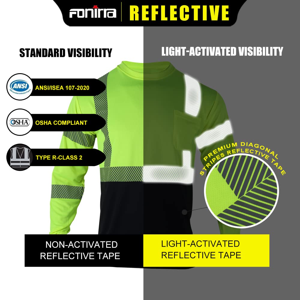 FONIRRA 3-Pack ANSI Class 3 High Visibility Safety Shirts - Reflective Long Sleeve Work T-Shirts for Men - Ideal for Construction, Road Work & Nighttime Safety