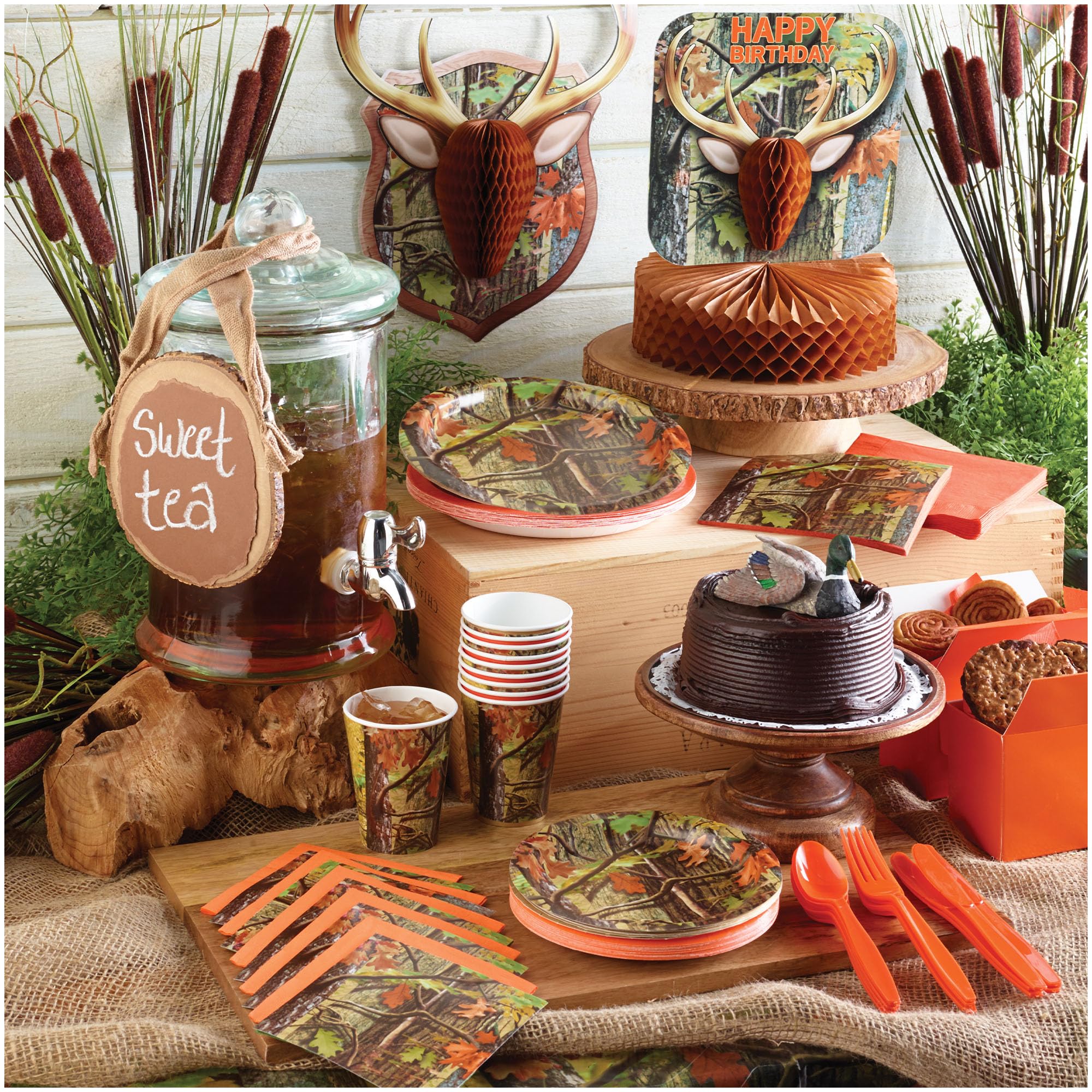Camouflage Hunting Party Supplies Set - 16 Camo Paper Dessert Plates, Beverage Napkins & Forks for Outdoor Themed Events, Birthday Parties, and Camping Adventures