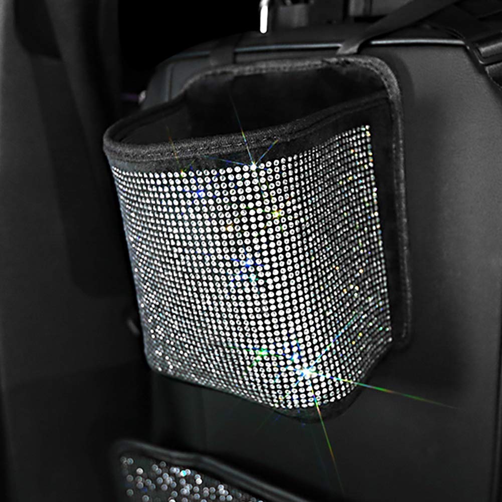 Premium Bling Crystal Car Seat Organizer - 2 Pack Diamond Car Accessory for Front/Back Seat Storage, Travel Caddy Bag & Garbage Pocket Bin (Pure White) - Perfect for Road Trips, Family Travel & Daily Commute