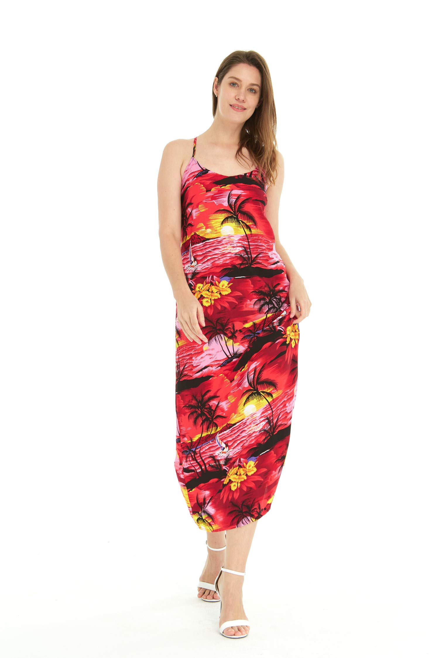 Women's Hawaiian Luau Sunset Blue Maxi Sweetheart Dress - Floral Print Beach Party Dress for Summer Vacation, Tropical Getaway & Boho Festival Outfit