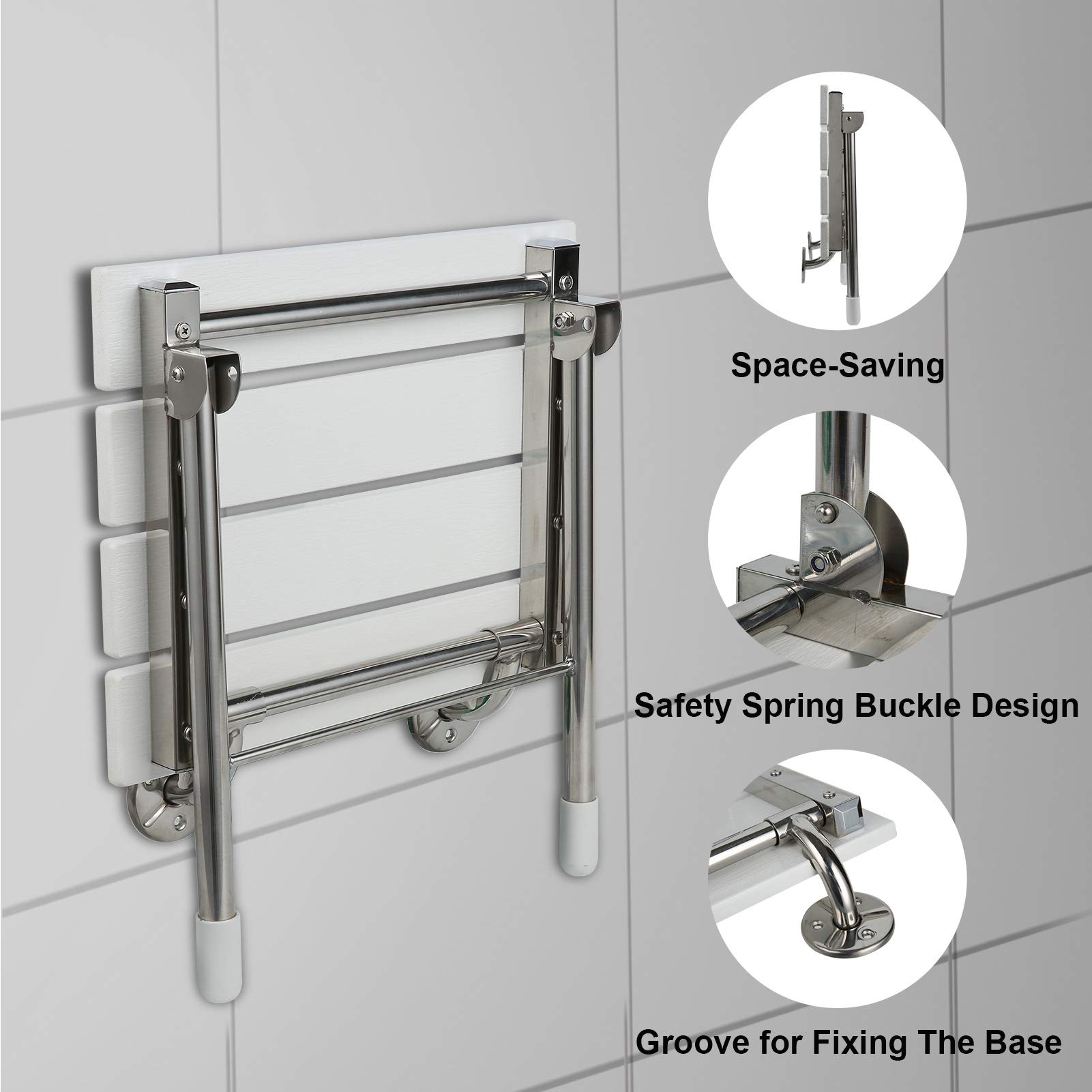 **Wall Mounted Folding Shower Seat – Solid Wood Bathroom Safety Stool with Support Legs, 350 lbs Weight Capacity, 14.88