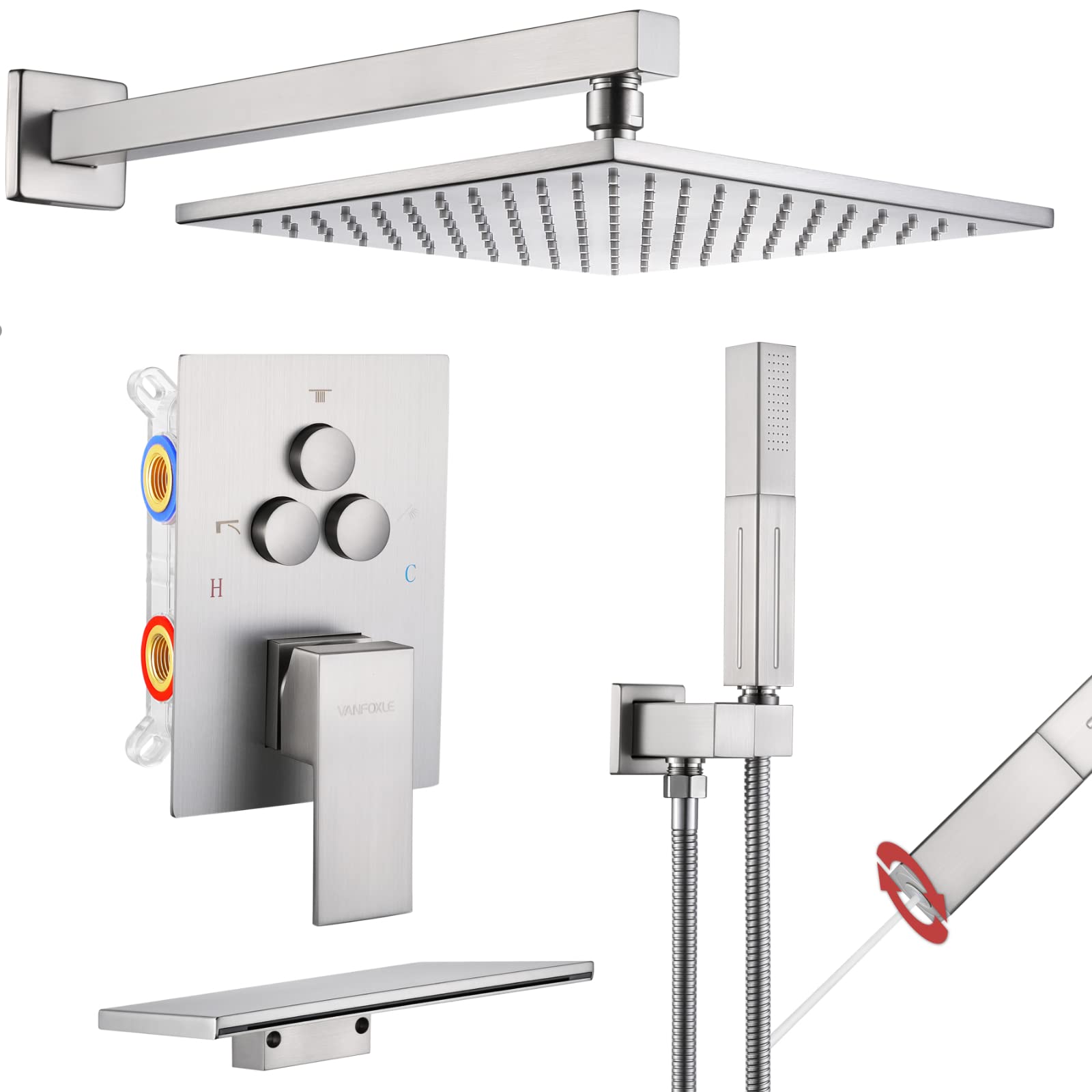 VANFOXLE Brushed Nickel Shower Faucet Set with Tub Spout & Push Button Diverter - 2 in 1 Handheld Shower Head & 10 Inch Rainfall Shower - Includes Rough-in Valve Body and Trim - Perfect for Bathroom Renovation & Modern Home Upgrade