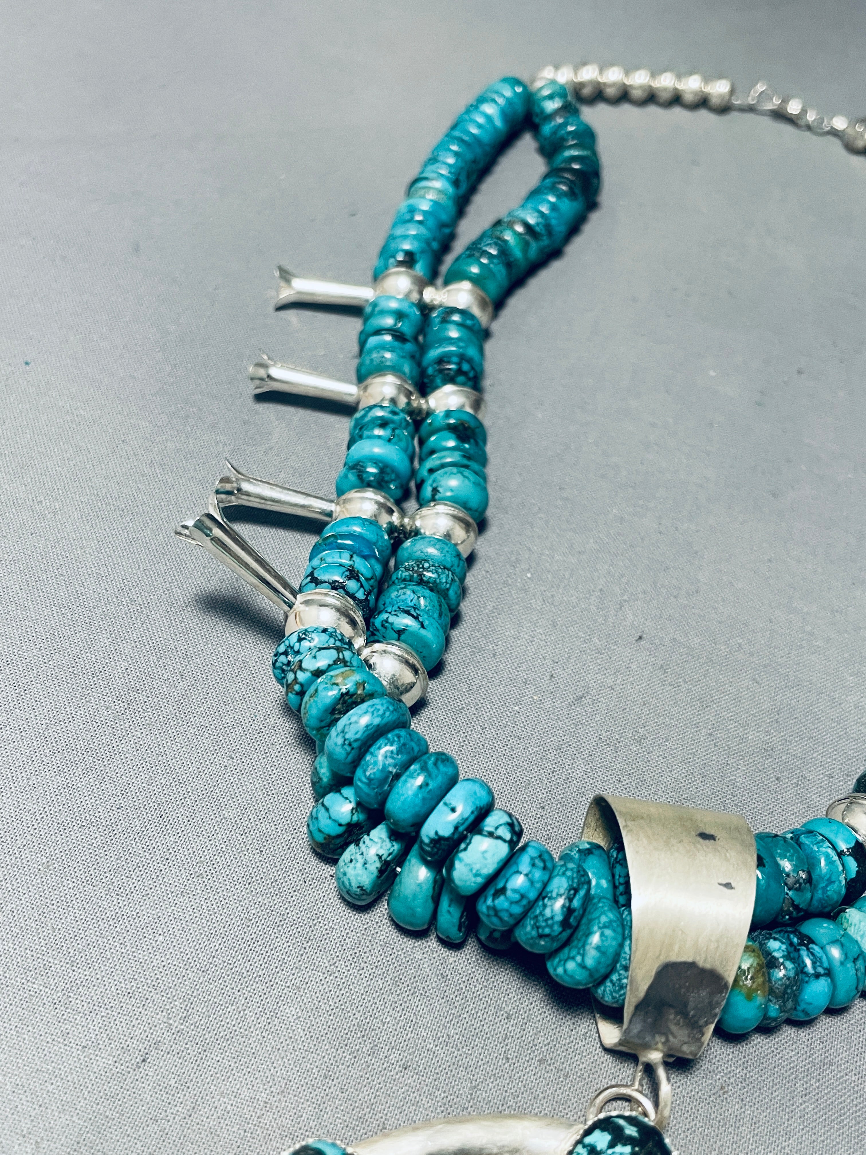 Authentic Navajo Turquoise Sterling Silver Squash Blossom Necklace - 198g Handcrafted Native American Jewelry for Women, Perfect for Boho Fashion, Weddings & Special Occasions