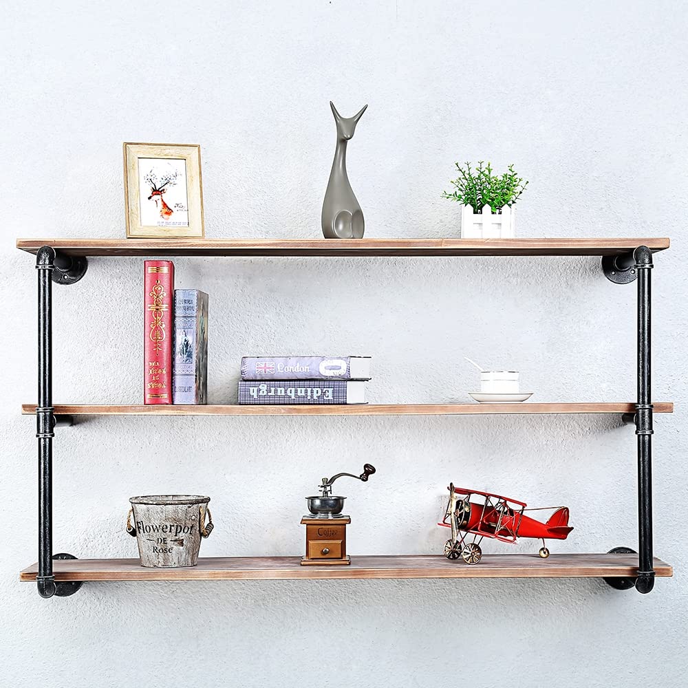 Industrial Pipe Floating Shelves - 3 Tier 48in Wall Mounted Wood & Metal Shelving for Books, Decor & Storage | Rustic Home Office & Living Room Organization