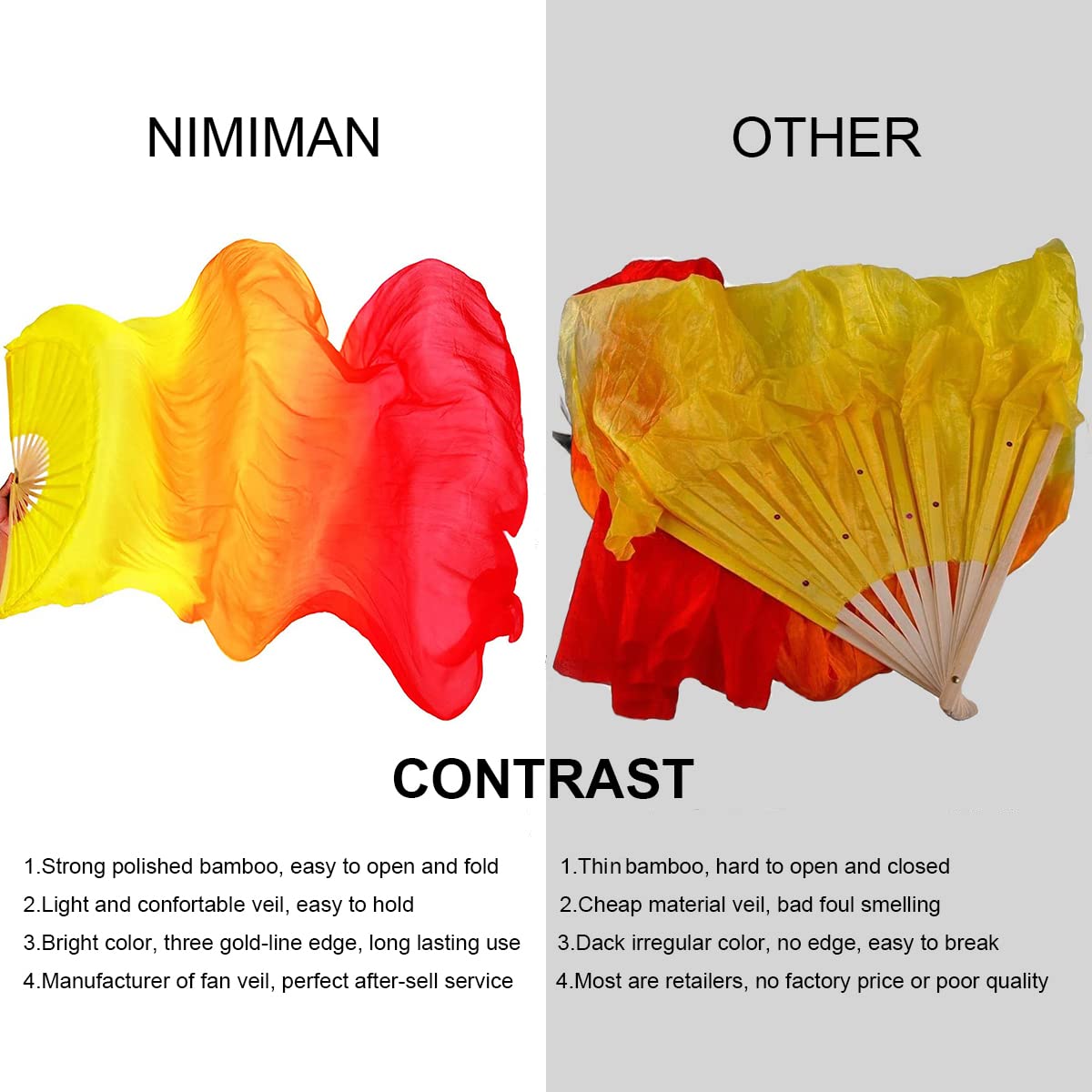 Nimiman Women's Silk Belly Dance Fans - Pair of Long Folding Veil Fans (180cm x 90cm) for Professional Belly Dancing, Performances & Costume Accessories