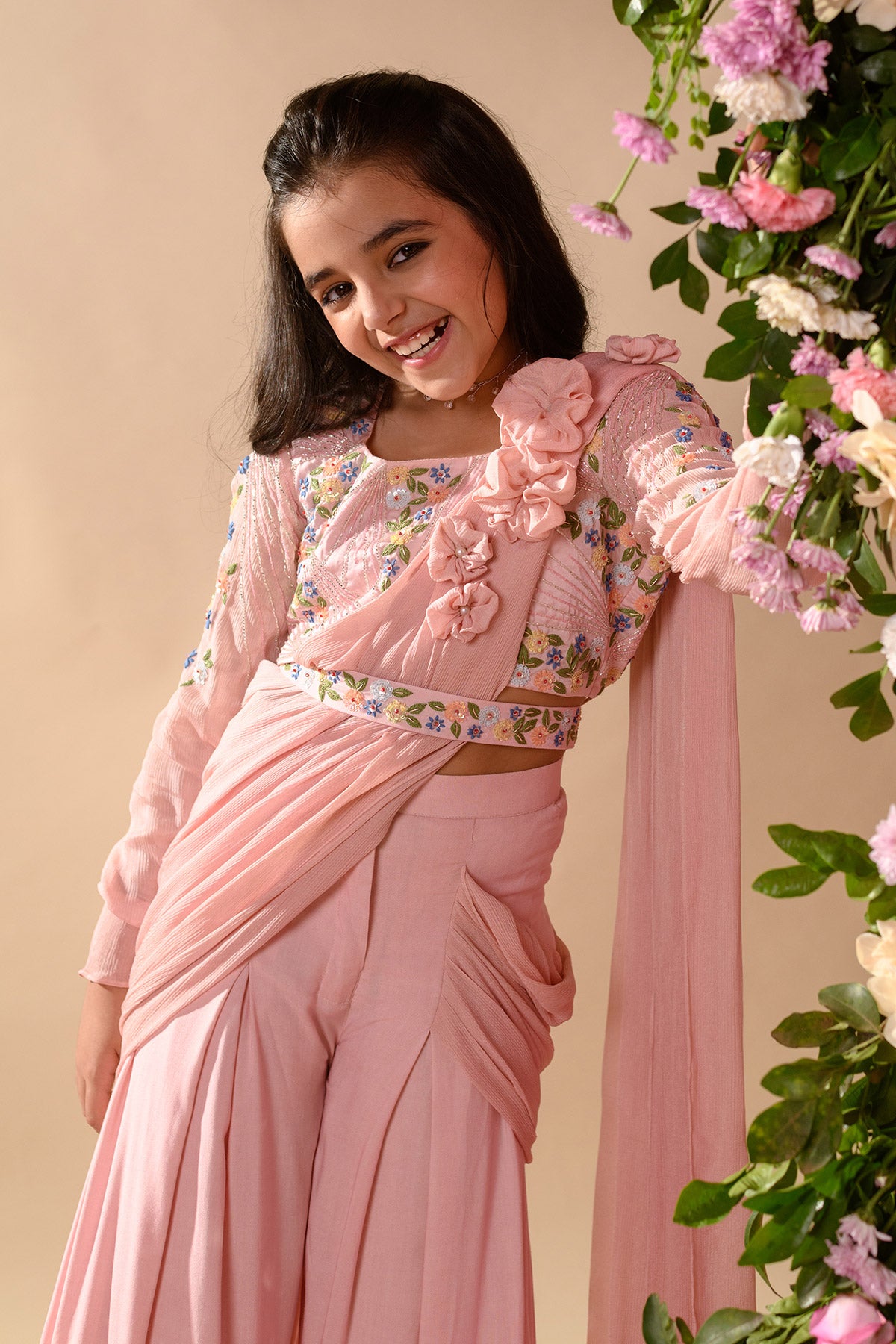 GOLNAZ Embroidered Vortex Pink Sharara Saree Set of 3 - Elegant Indian Wedding Outfit for Women, Party Wear & Festive Occasions