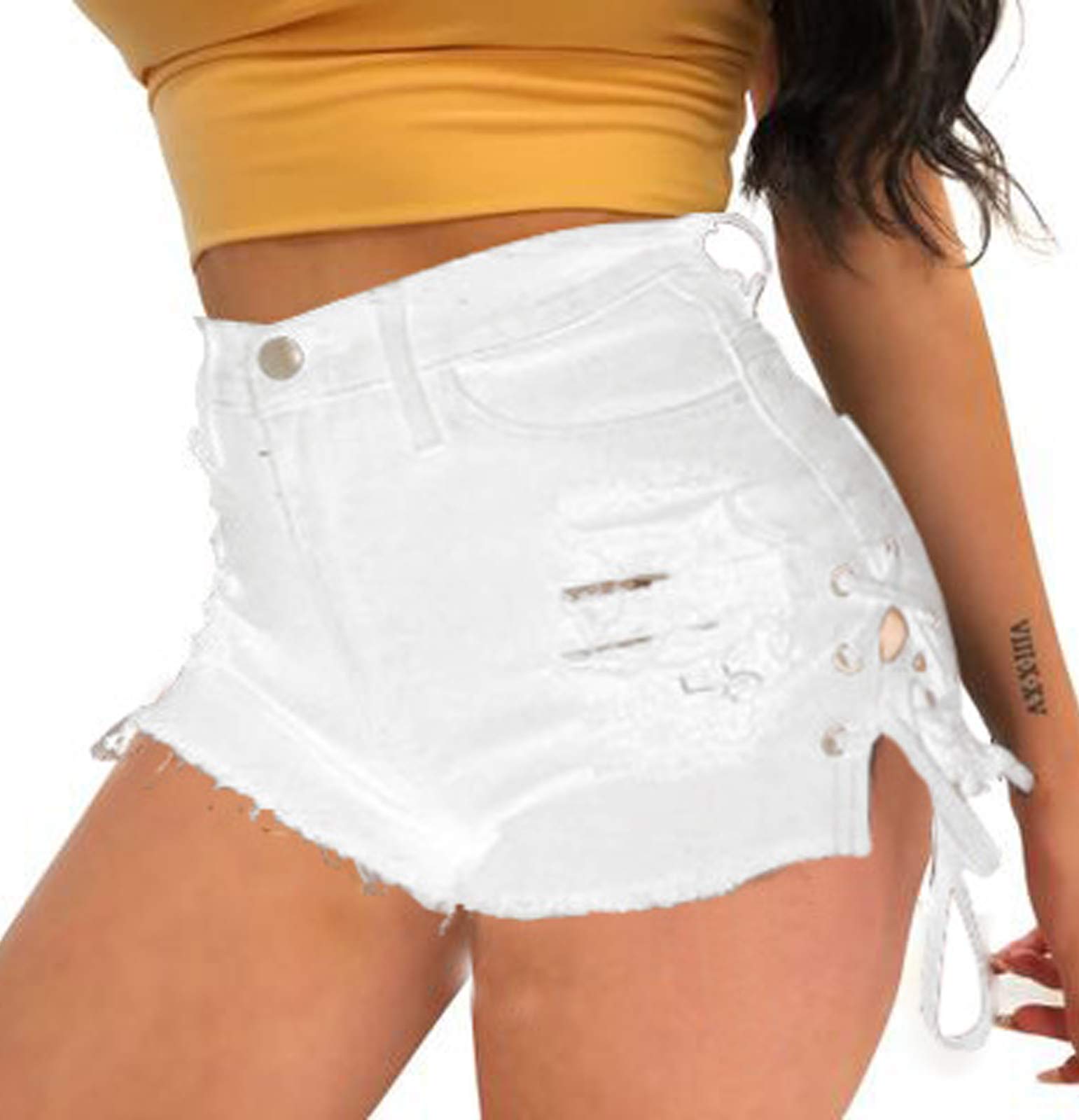 Govc Women's Ripped Denim Shorts with Frayed Raw Hem - High Waist Bandage Jeans for Summer Casual Wear & Street Style Outfits