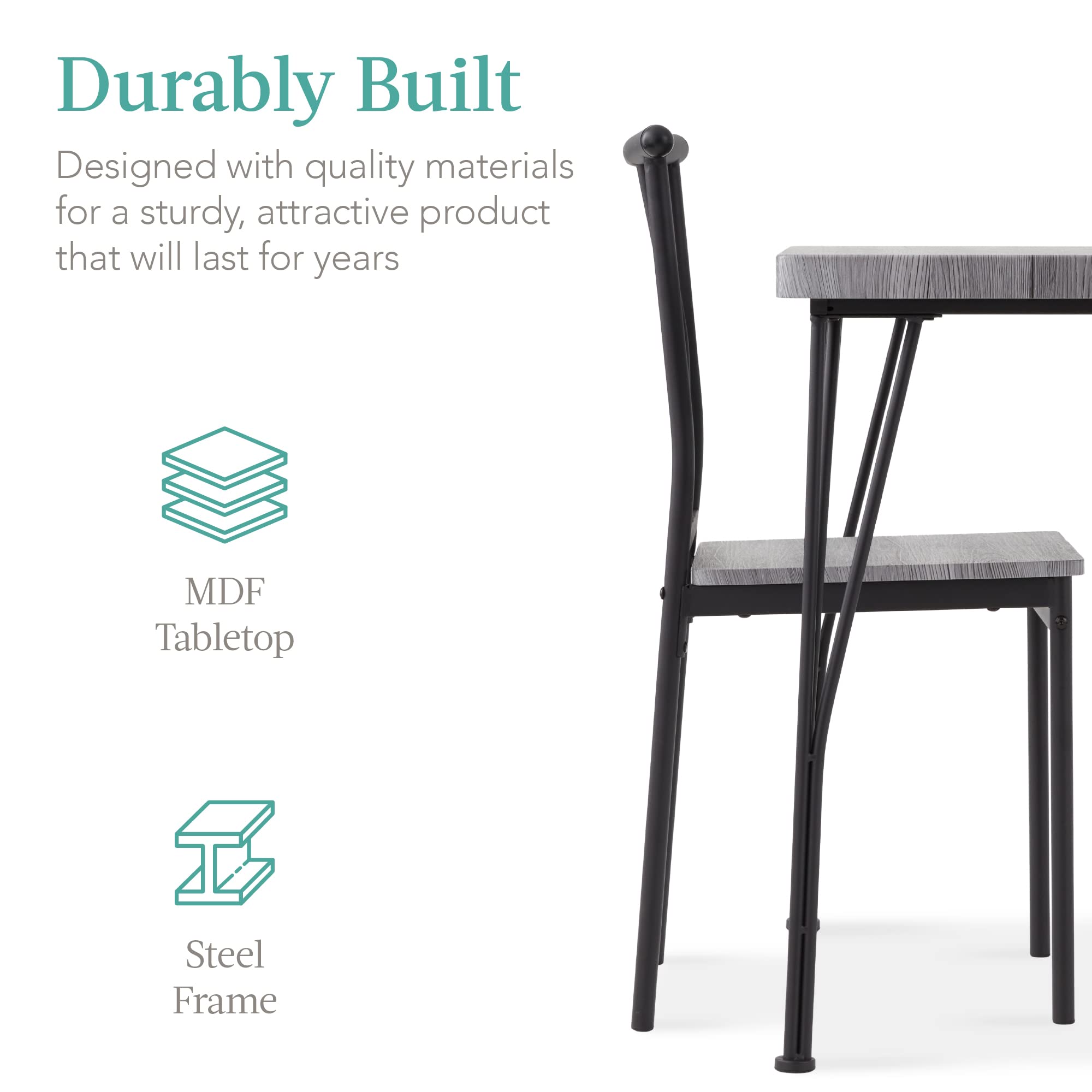 Best Choice Products 3-Piece Modern Dining Set - Square Metal & Wood Kitchen Table with 2 Chairs, Gray - Perfect for Small Spaces, Breakfast Nooks, Apartments & Cozy Dining Rooms