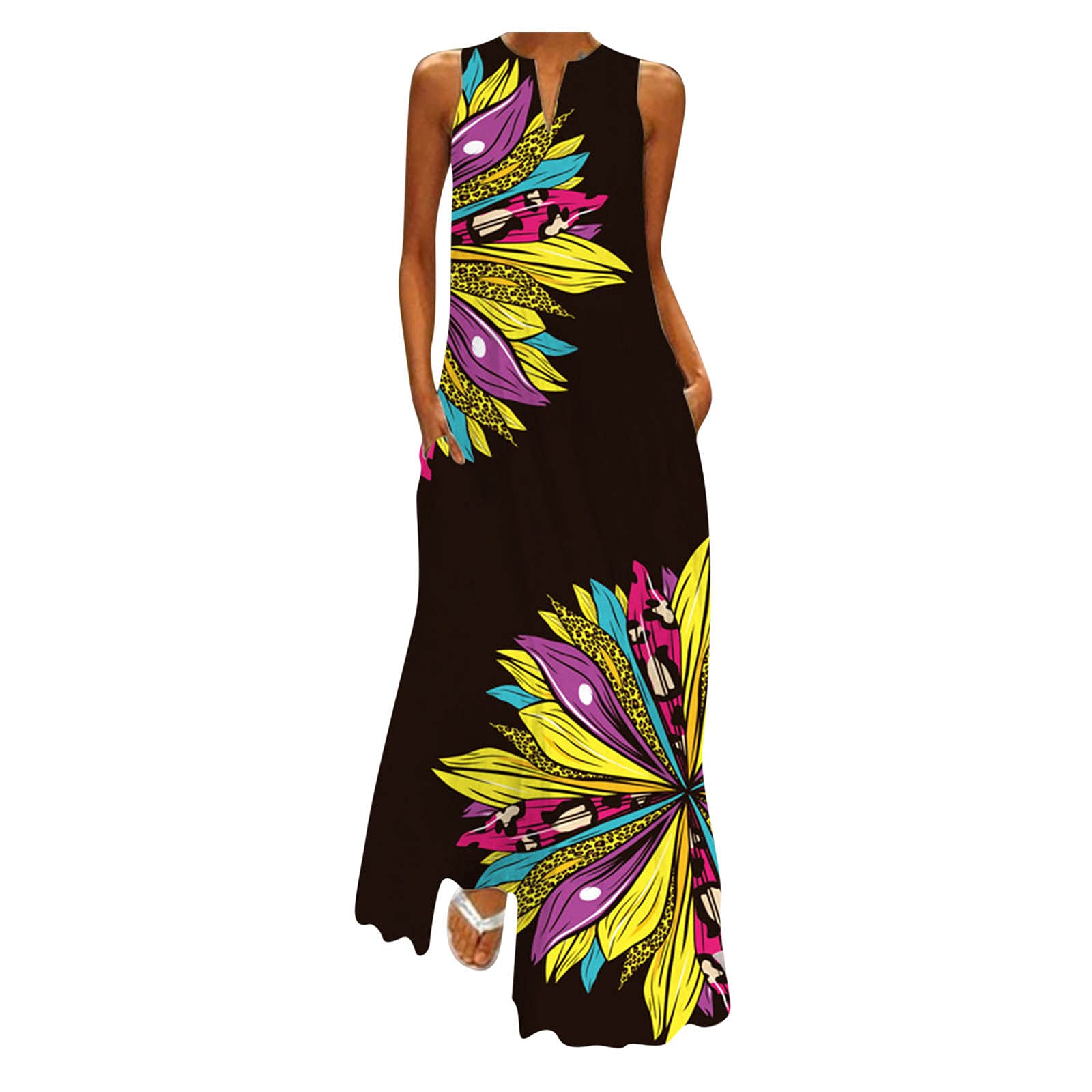 White Plus Size Midi Dress - Cami Summer Maxi Dress with Pockets, V-Neck Sleeveless Shift Dress for Women | Flowy Party Dress & Casual Wear for Beach, Wedding & Special Occasions