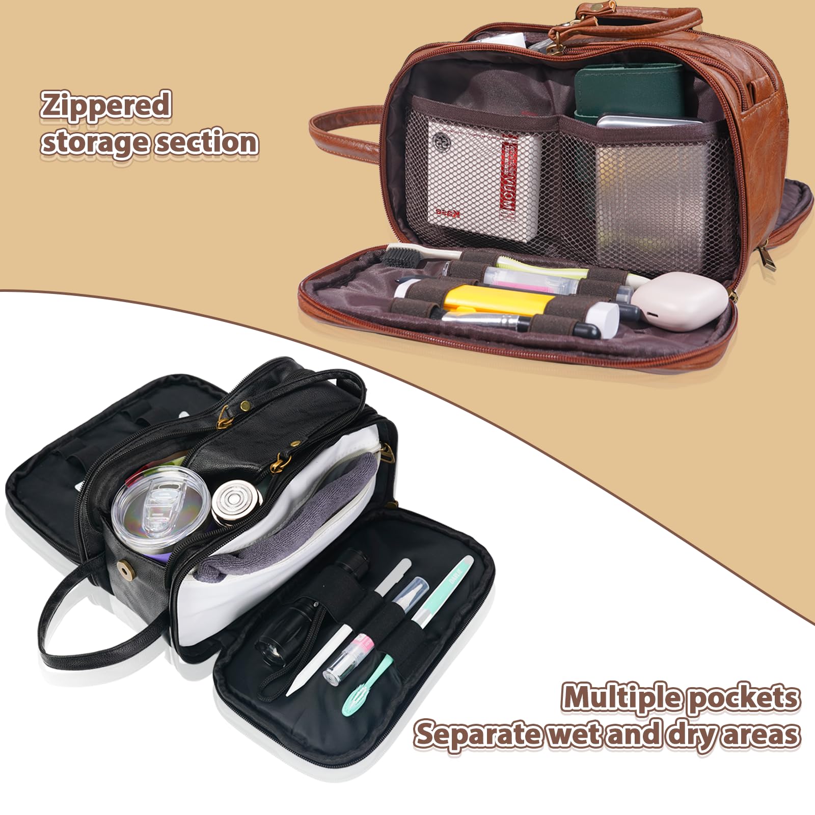 Premium Leather Toiletry Bag for Men & Women - Travel Size Dopp Kit with Multiple Pockets - Ideal for Gym, Business Trips & Vacation Essentials Organization
