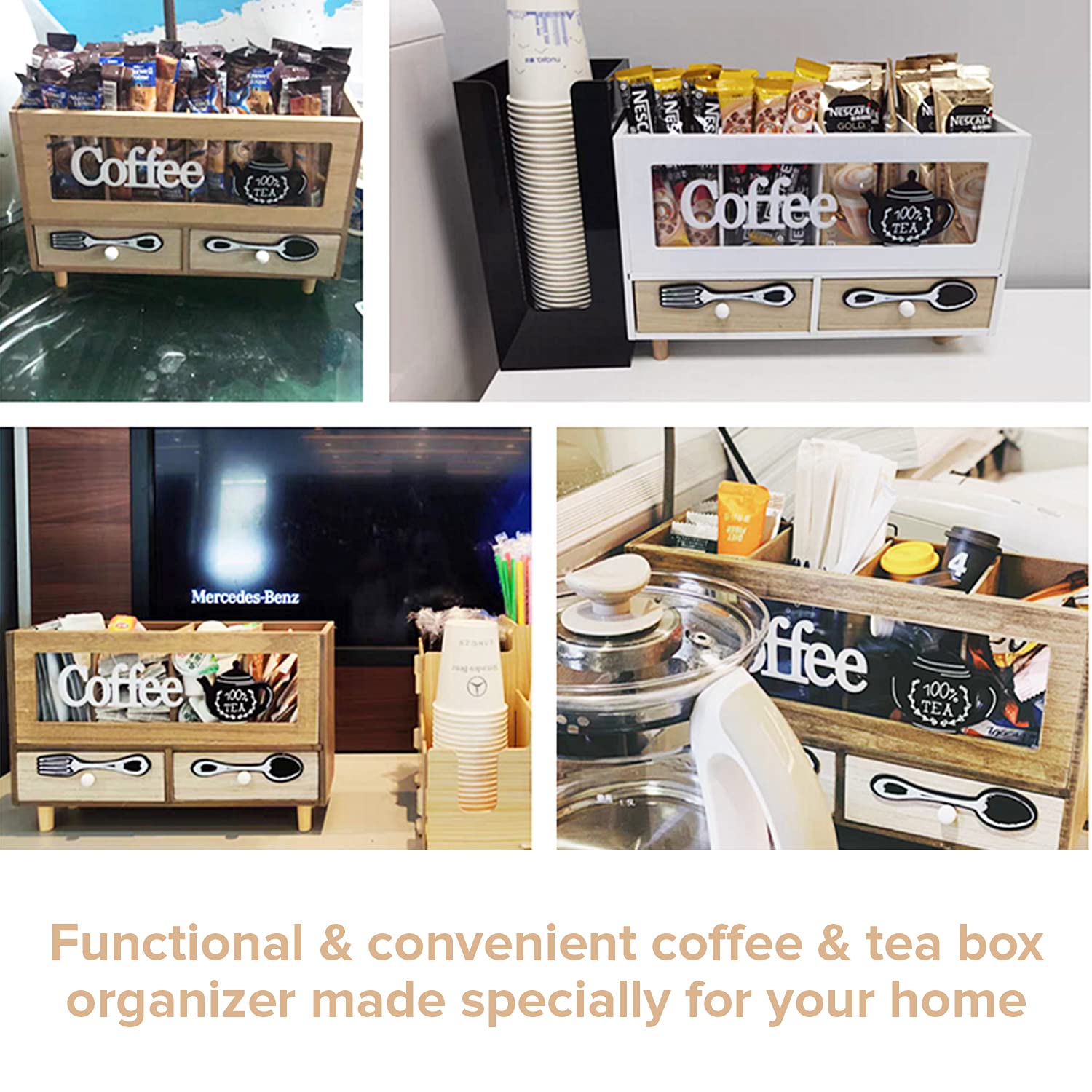 White Wooden Coffee Station Organizer with 2 Drawers - 11.8