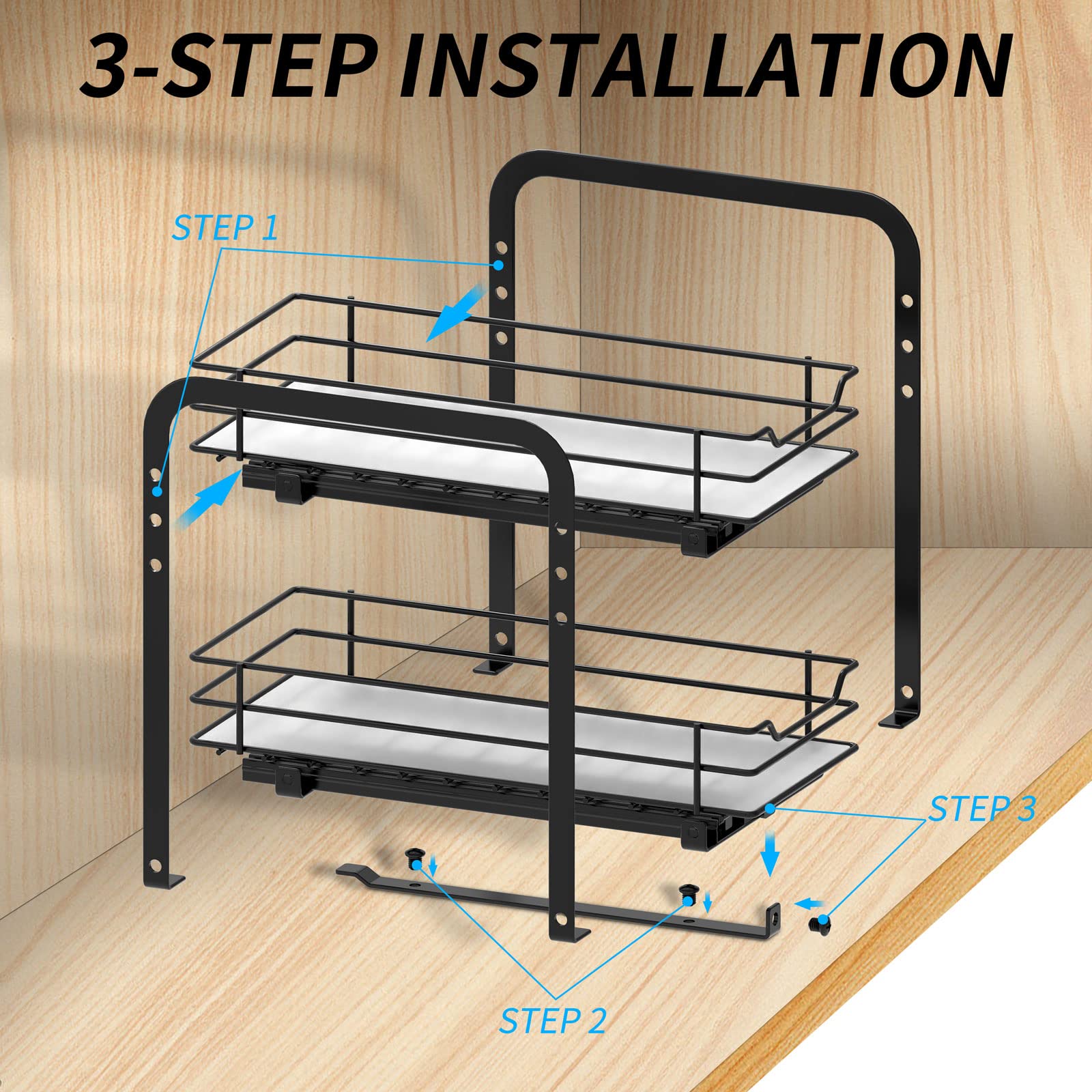 2-Tier Pull Out Spice Rack Organizer - Heavy Duty Metal Basket for Kitchen Cabinets & Pantry Closet - Space Saving Spice Storage Solution for Cooking & Baking Needs