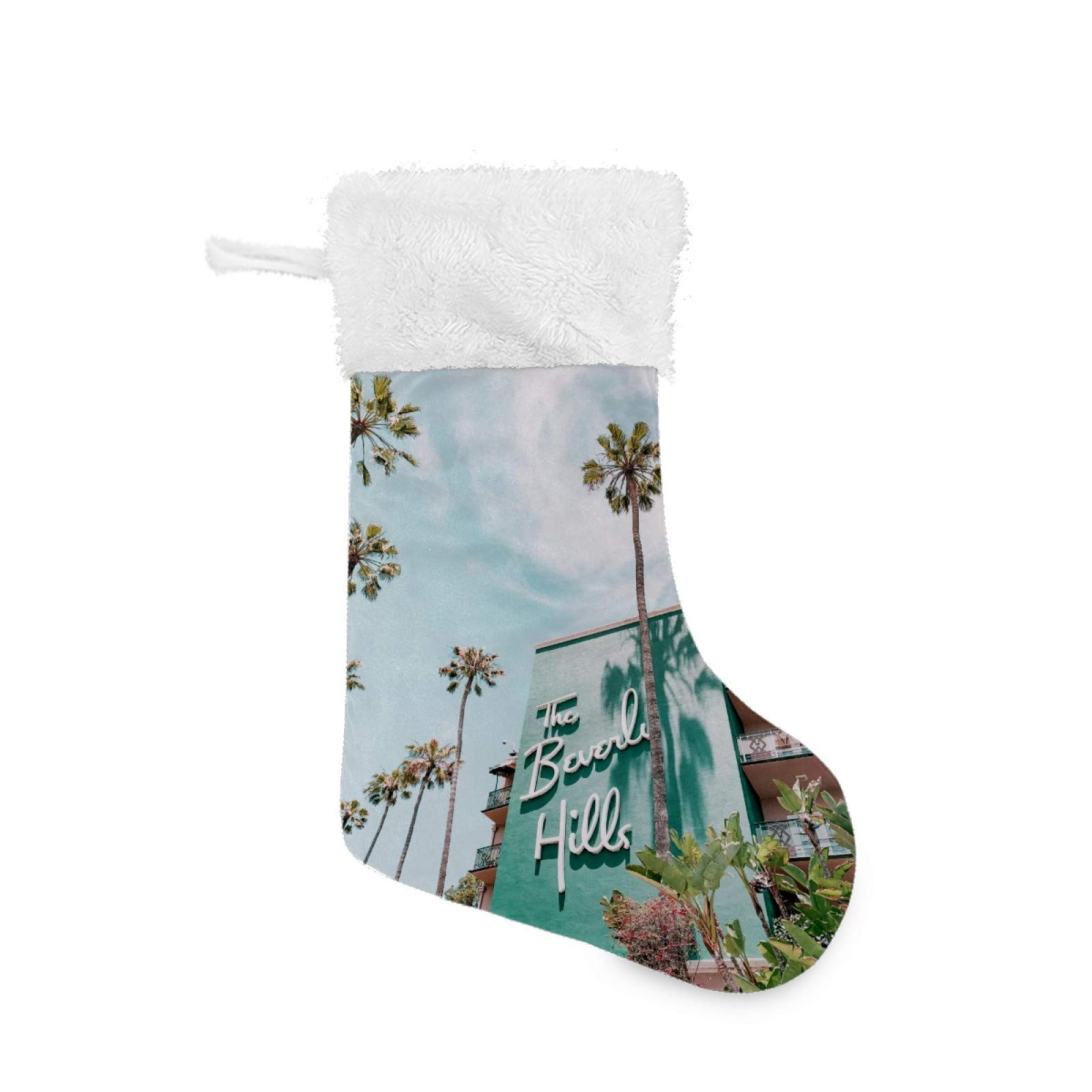 Christmas Stockings - Architecture Beverly Hills Print with Plush Faux Fur Cuff - Holiday Candy Gift Bags & Fireplace Decor - Perfect for Family Xmas Parties & Home Decorations