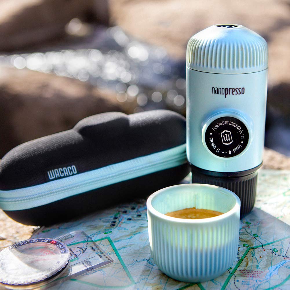 WACACO Nanopresso Portable Espresso Maker with Travel Case - Mini Handheld Coffee Machine for Camping, Hiking, Travel & Office Use - Compatible with Nespresso Pods & Ground Coffee (Arctic Blue) | Perfect Gift for Coffee Lovers & Outdoor Enthusiasts