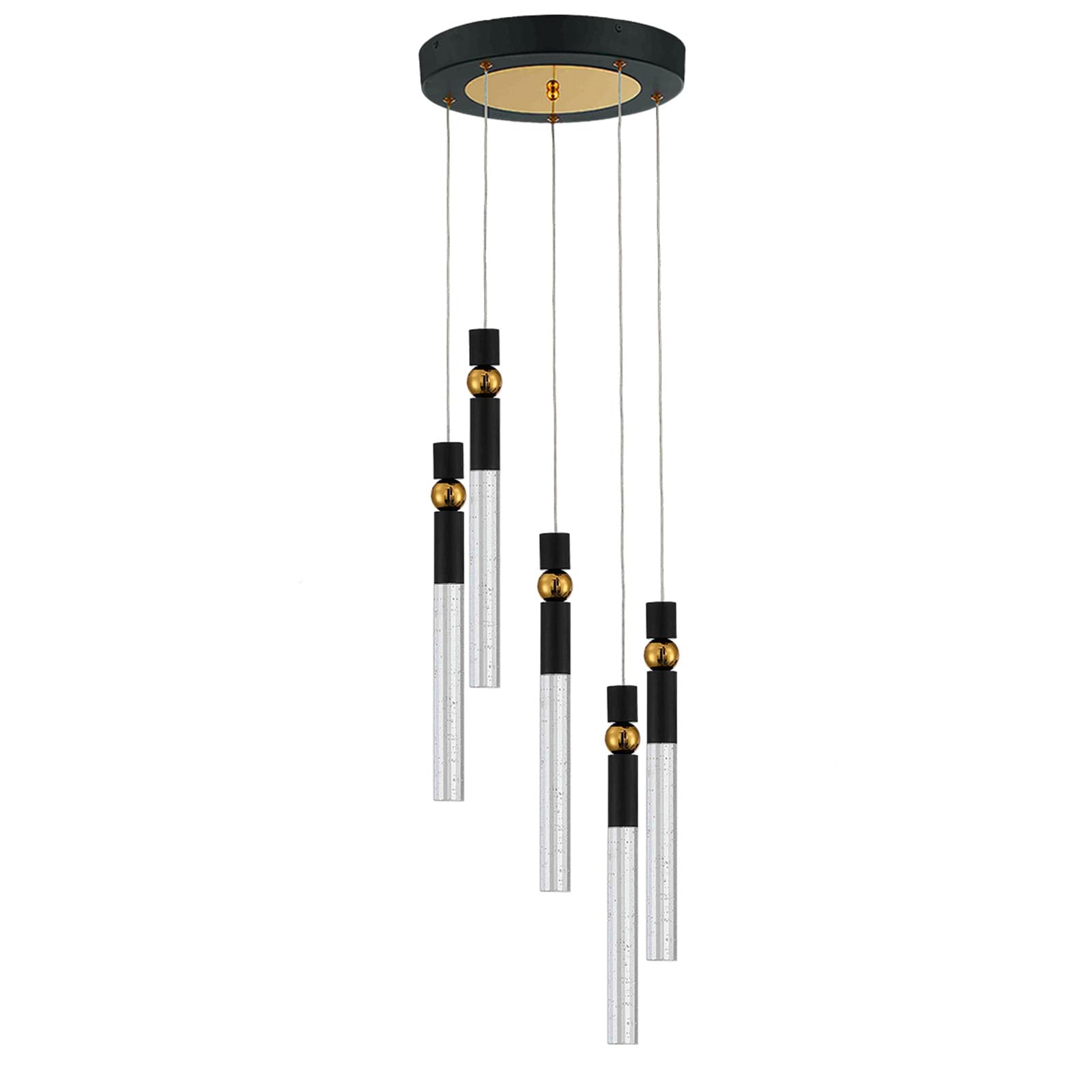 JoollySun Modern Crystal Pendant Light Fixture - 5-Light Cluster LED Chandelier for Kitchen Island, Dining Room Table in Black Gold Finish | Perfect for Contemporary Home Decor & Restaurant Lighting