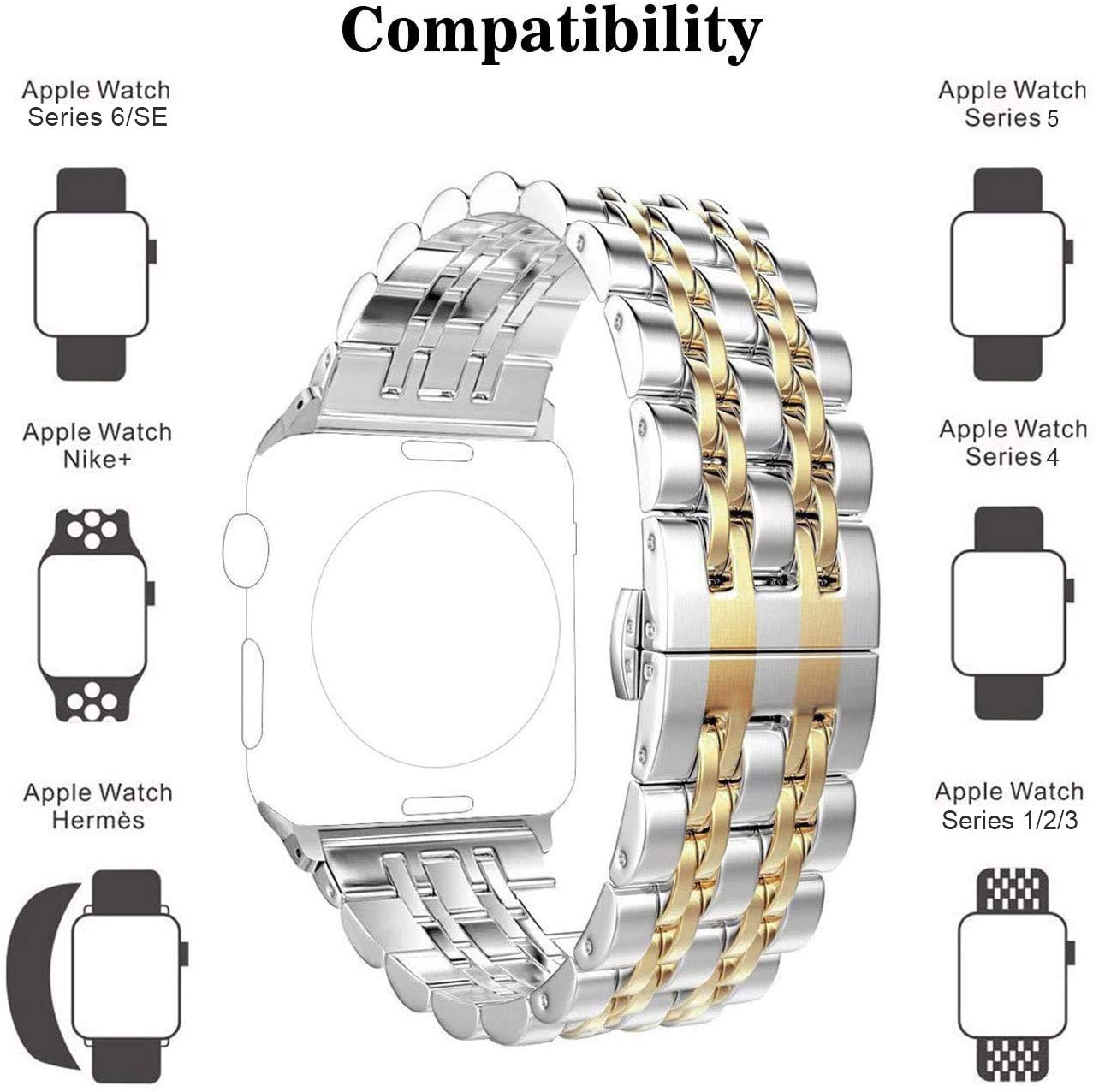 Premium Stainless Steel Replacement Bands for Apple Watch Series 9/8/7/6/5/4/SE/Ultra 2/Ultra - Compatible with 42mm/44mm/45mm/49mm Models (Silver/Gold) | Durable Metal Watch Straps for Men & Women | Perfect for Workouts, Office Wear & Everyday Use