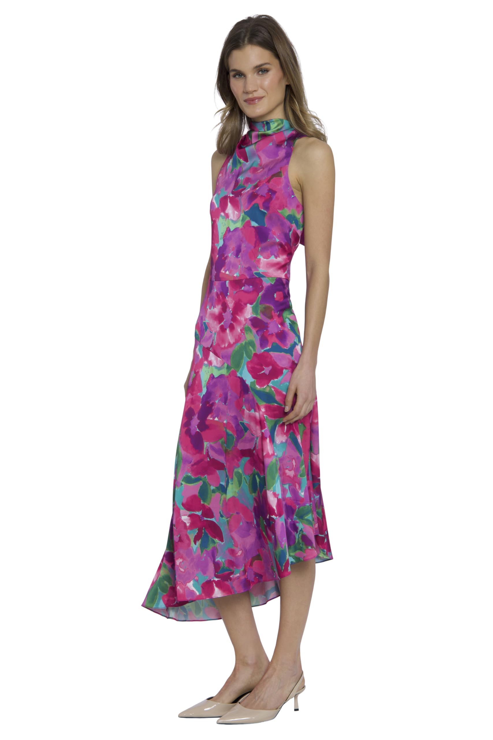 Elegant High Neck Halter Asymmetrical Fit and Flare Midi Dress for Women | Wedding Guest Dress | Cocktail Party & Formal Occasion Wear