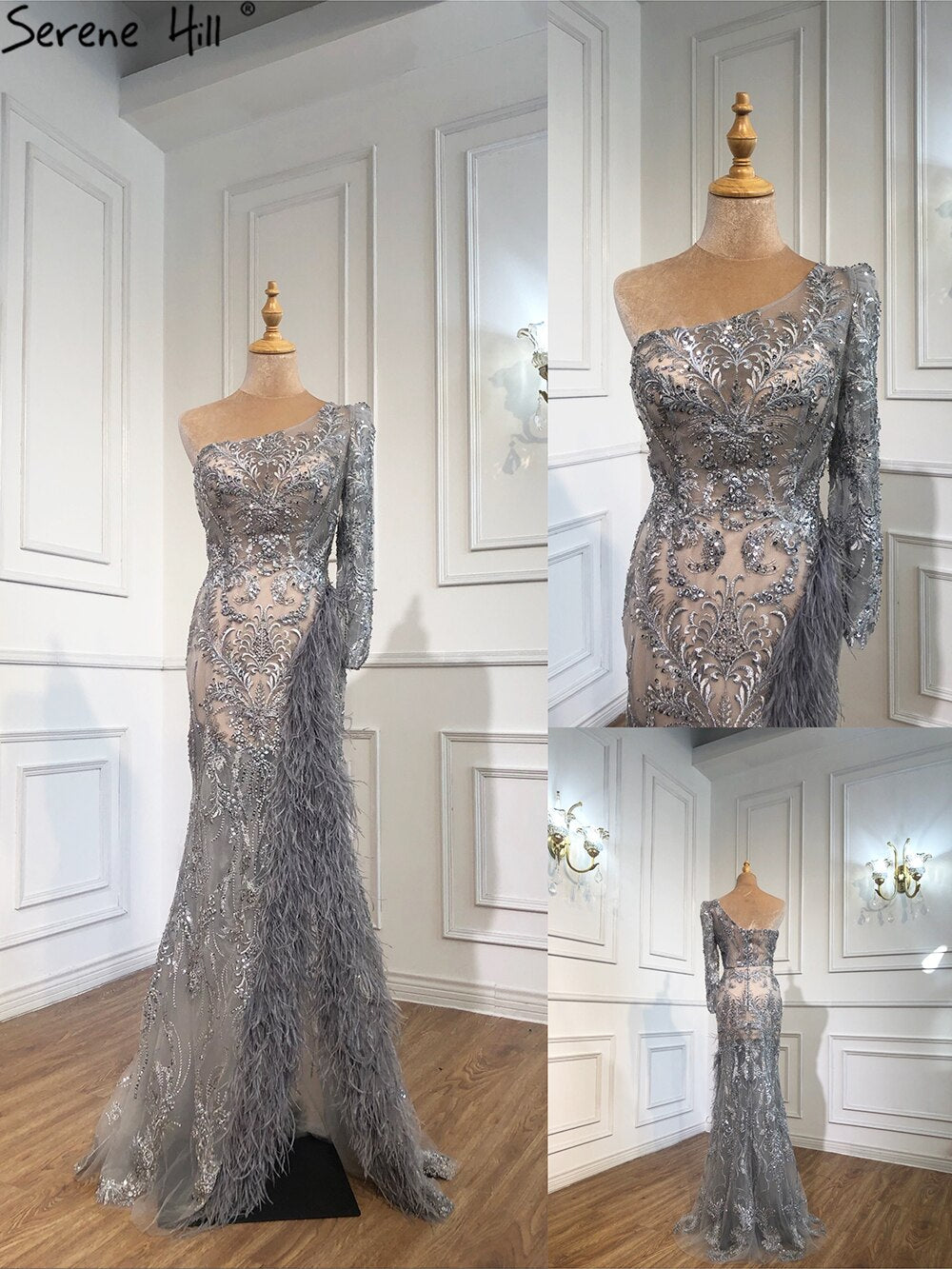 Elegant Grey High Slit Mermaid Evening Dress 2025 - One Shoulder Beaded Feather Formal Gown for Prom, Wedding & Special Occasions | LA70691
