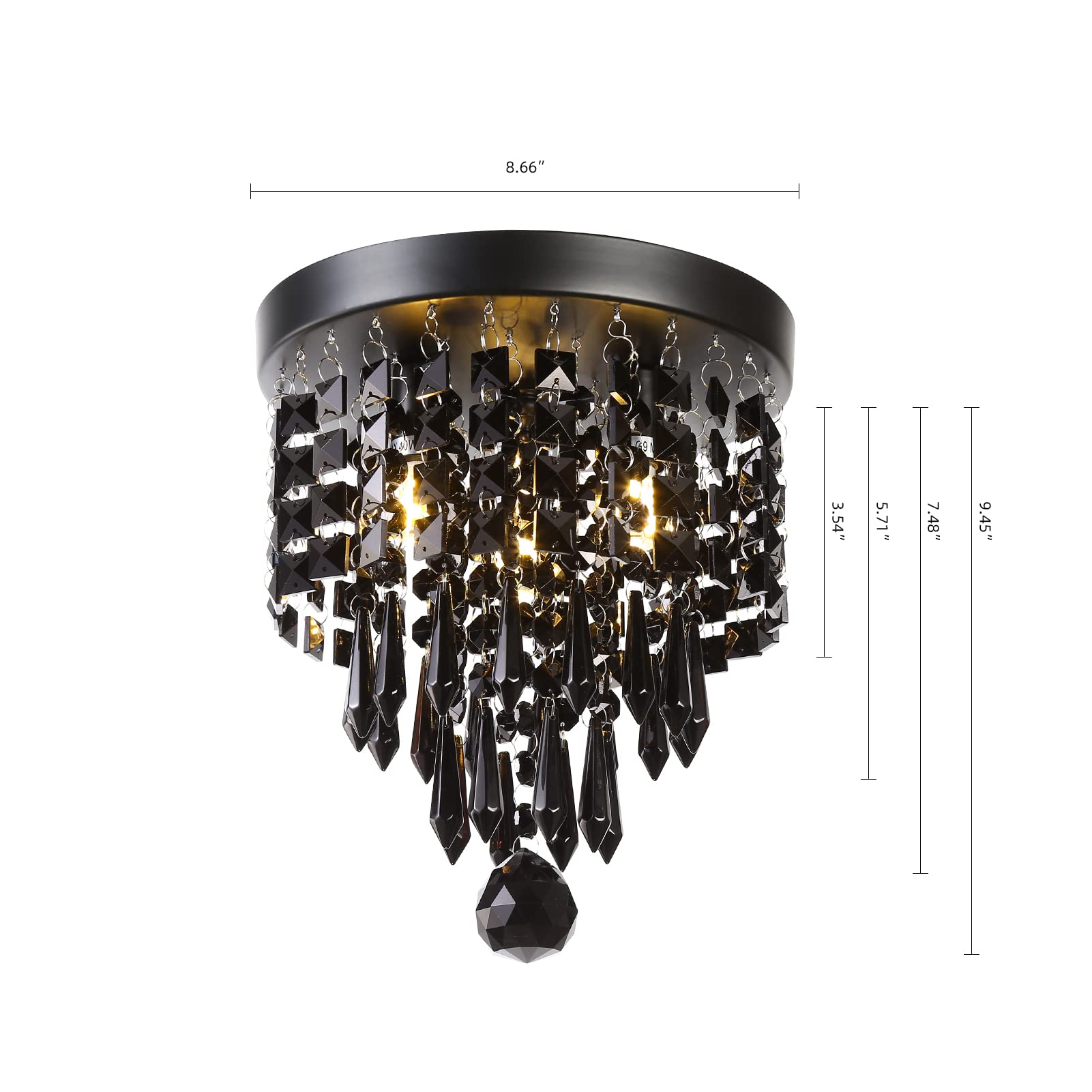 3-Light Mini Chandelier with Black Crystal - Modern Flush Mount Ceiling Light for Bedroom, Hallway, Living & Dining Room - Perfect for Home Decor, Wedding Venues and Luxury Spaces
