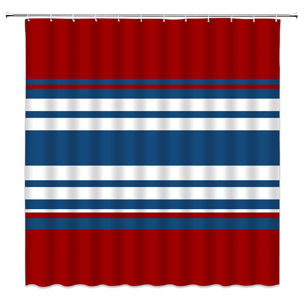 Modern Abstract Geometric Stripes Navy Red Blue White Shower Curtain - Elegant Nautical Fabric Bathroom Decor with Hooks - Perfect for Coastal, Beach House & Contemporary Bathroom Designs