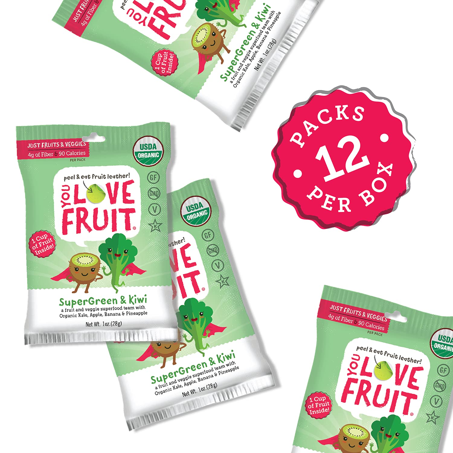 SuperGreen & Kiwi All Natural Fruit Snacks - Healthy Vegan Snack Pack, Gluten Free, Non-GMO, Kosher, Low Fat, High Fiber, Real Fruit Variety Pack (1.0 oz, 12 Pack) - Perfect for Lunchboxes, Office Snacks & Gift Baskets