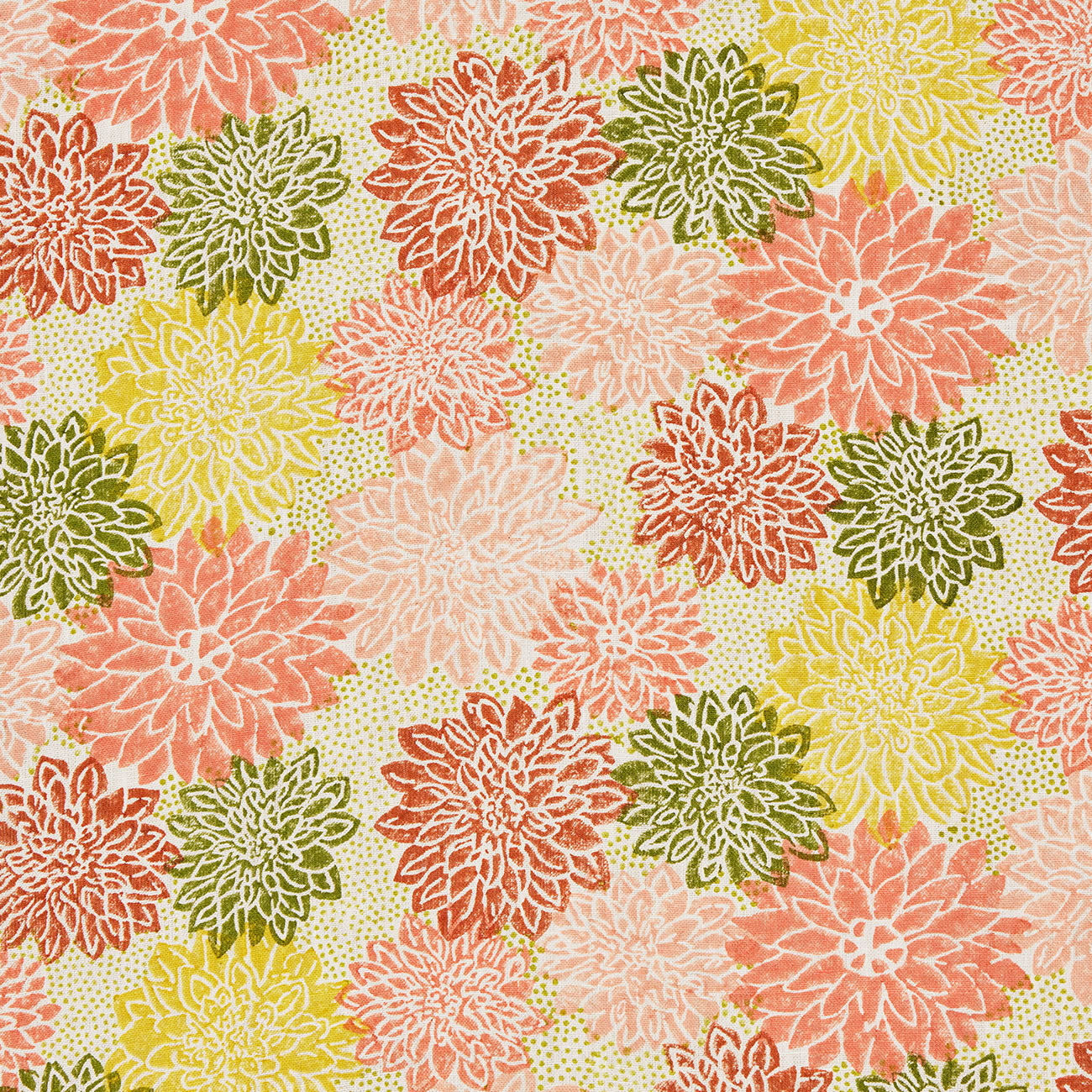 Dahlia Block Printed Cotton Fabric - Peach & Sap Green Color - Perfect for Quilting, Dressmaking & Home Decor