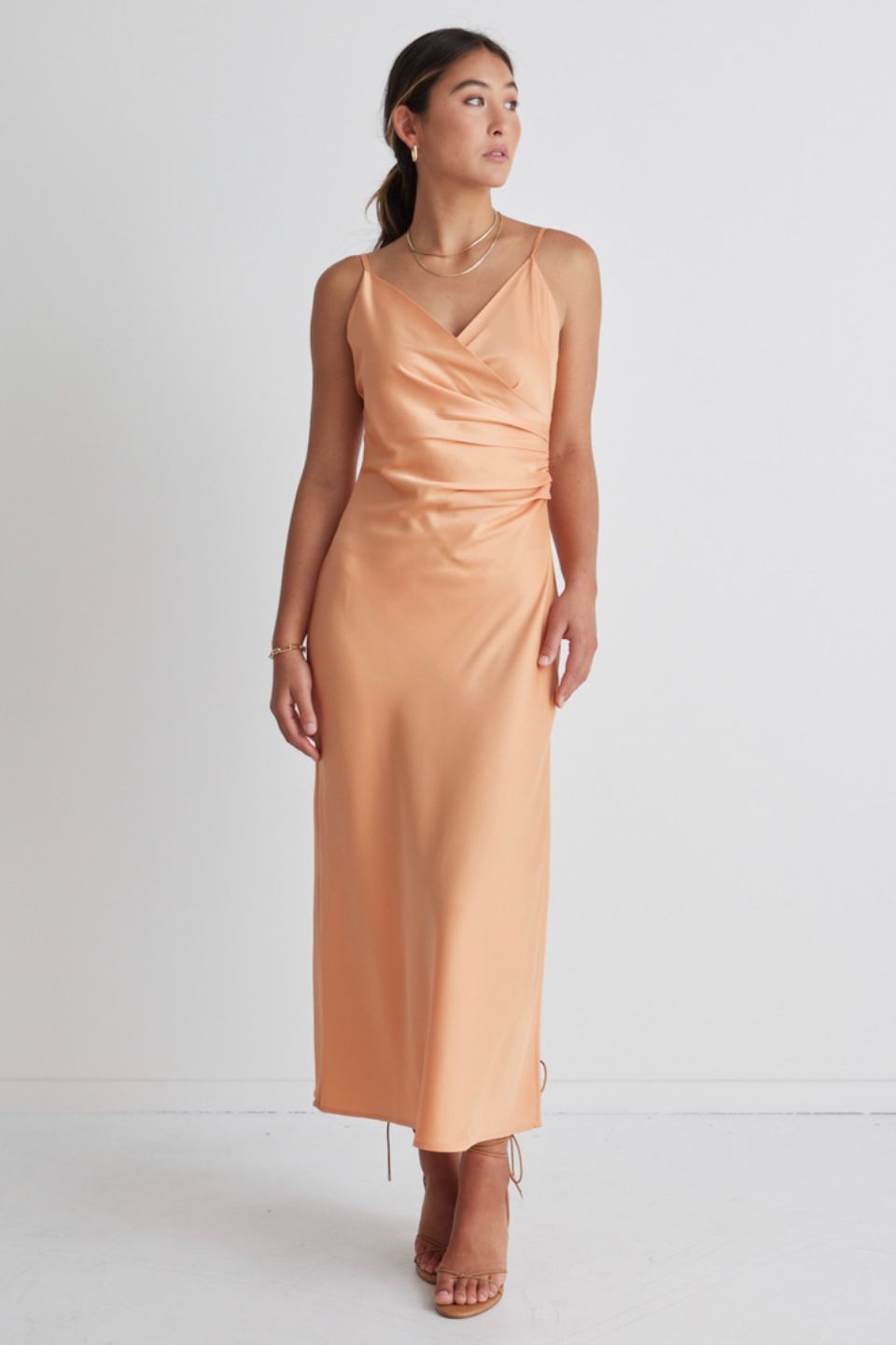 Rapture Papaya Satin Strappy Mock Wrap Midi Dress - Women's Sexy Summer Party Cocktail Dress for Beach Vacation & Date Night