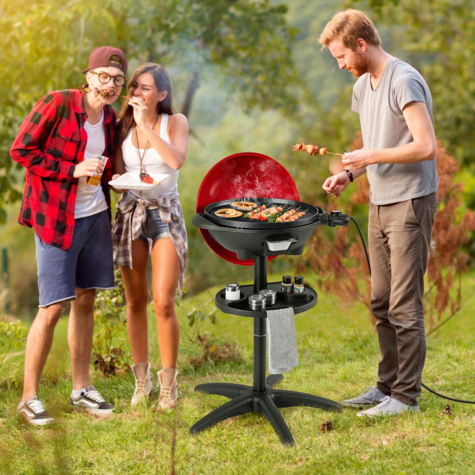 Giantex Electric Grill 1350W - Indoor Outdoor Non-Stick BBQ Griddle with 3 Cooking Zones, Adjustable Temperature Control & Drip Tray - 200sq.in Portable Grill for Balcony, Apartment, Backyard, Party, Camping, Picnics, Tailgating (Red)