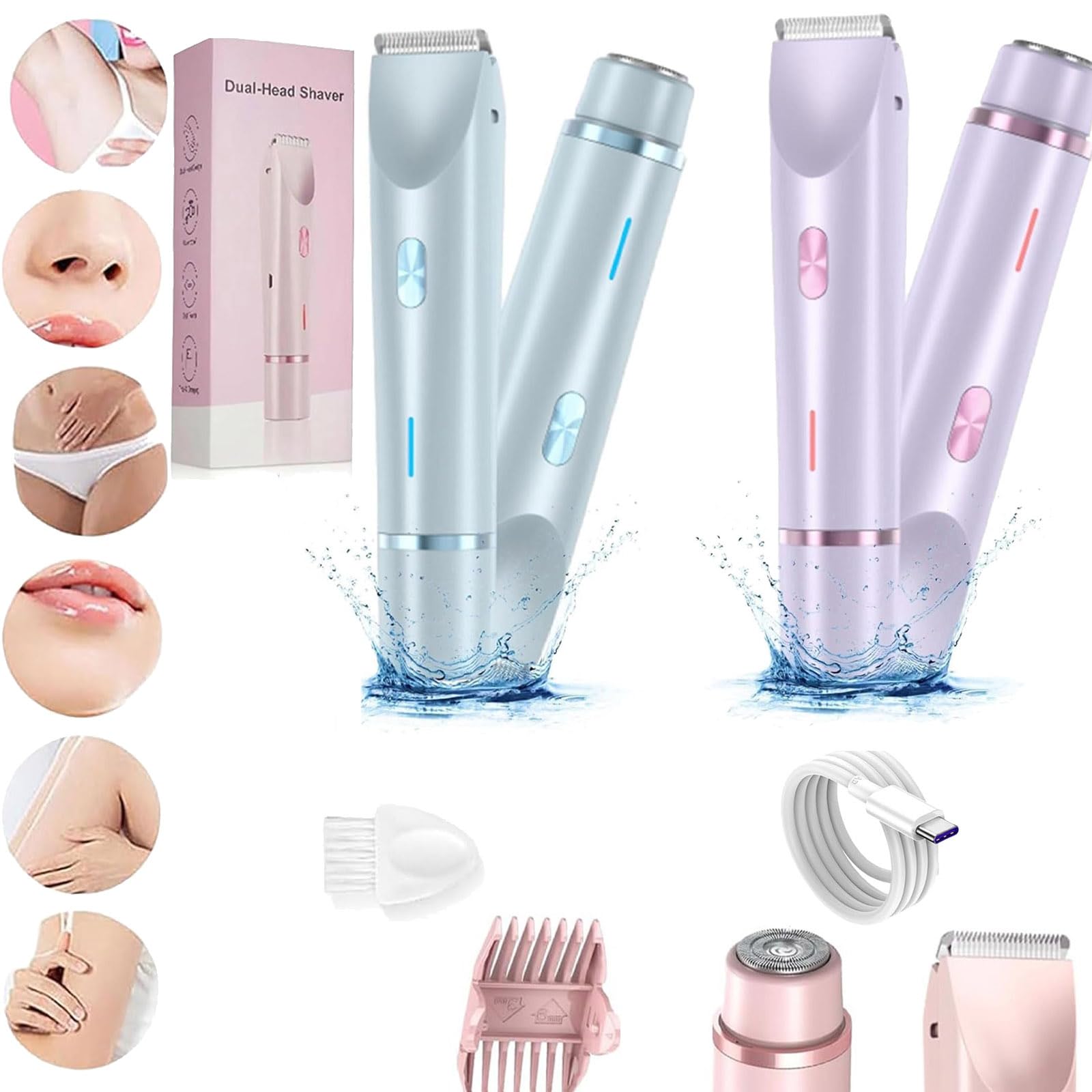 Reshline Dual-Head Electric Shaver for Women - Wet/Dry 2-in-1 Hair Trimmer & Bikini Shaver - Painless Hair Removal for Legs, Underarms & Sensitive Areas - Rechargeable Cordless Lady Shaver with Detachable Heads